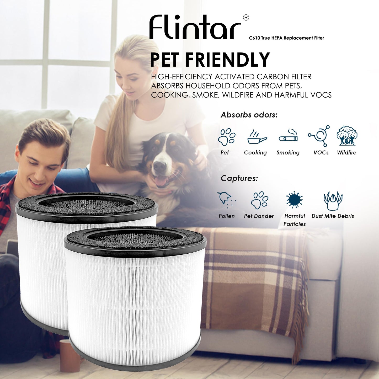 Flintar Replacement HEPA Filter, Compatible with Coway Airmega 100 Air Purifier, 3-in-1 Pre-filter, H13 True HEPA and Deodorization Filter Set (2- Pack)
