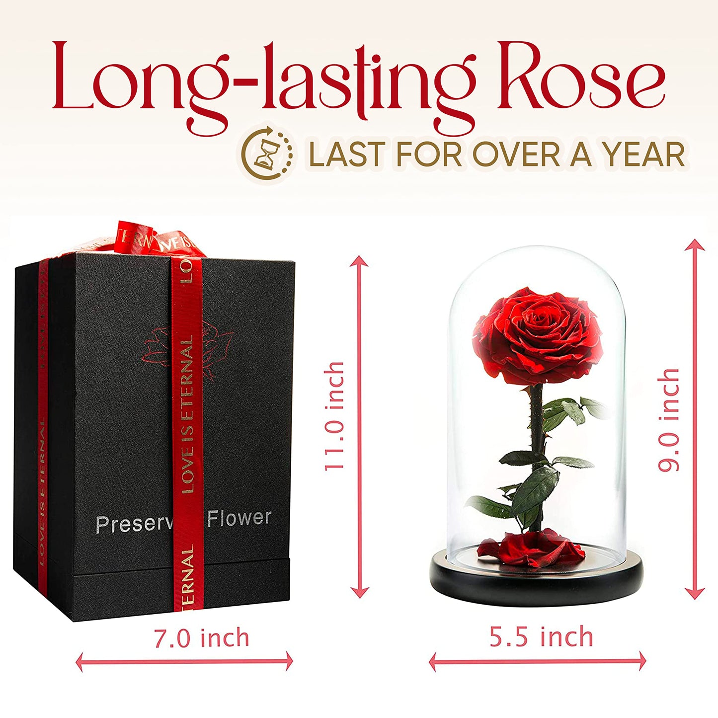 LOVAPPY Forever Preserved Rose - Eternal Rose in Glass Dome - Beauty and the Beast Rose - Mothers Day Gifts For Mom - Fresh Flowers in Glass (Red, 9 Inch)