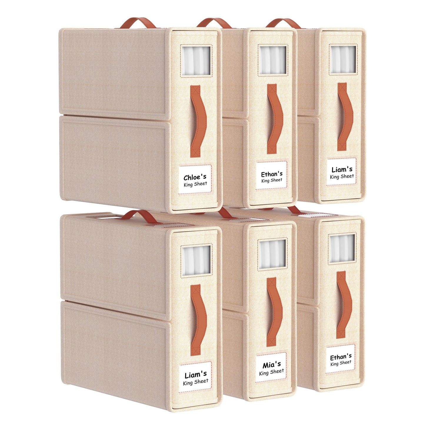 Joymeezo 6 Pack Bed Sheet Organizers and Storage(King &Queen Size) with an Elastic Strap, Foldable Closet Linen Sheet Storage Container, Sheet Set Box for Blanket, Duvet Cover and Pillowcase, Beige