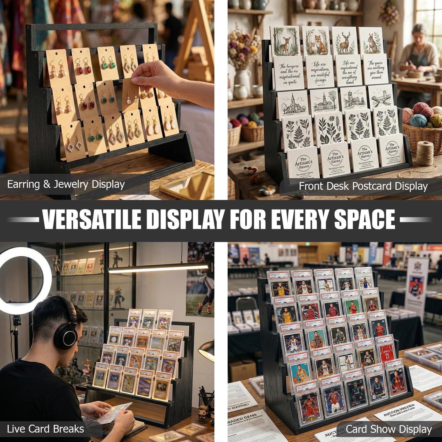 2 Pack 5 Tier Wooden Card Display Stand – Vertical Card Holder Display for Trading Cards, Game Cards, Sports Cards, Graded PSA/BGS/SGC, Baseball, Basketball&Football(Soccer) Card Stand, Desk & Shelf Organize,Black
