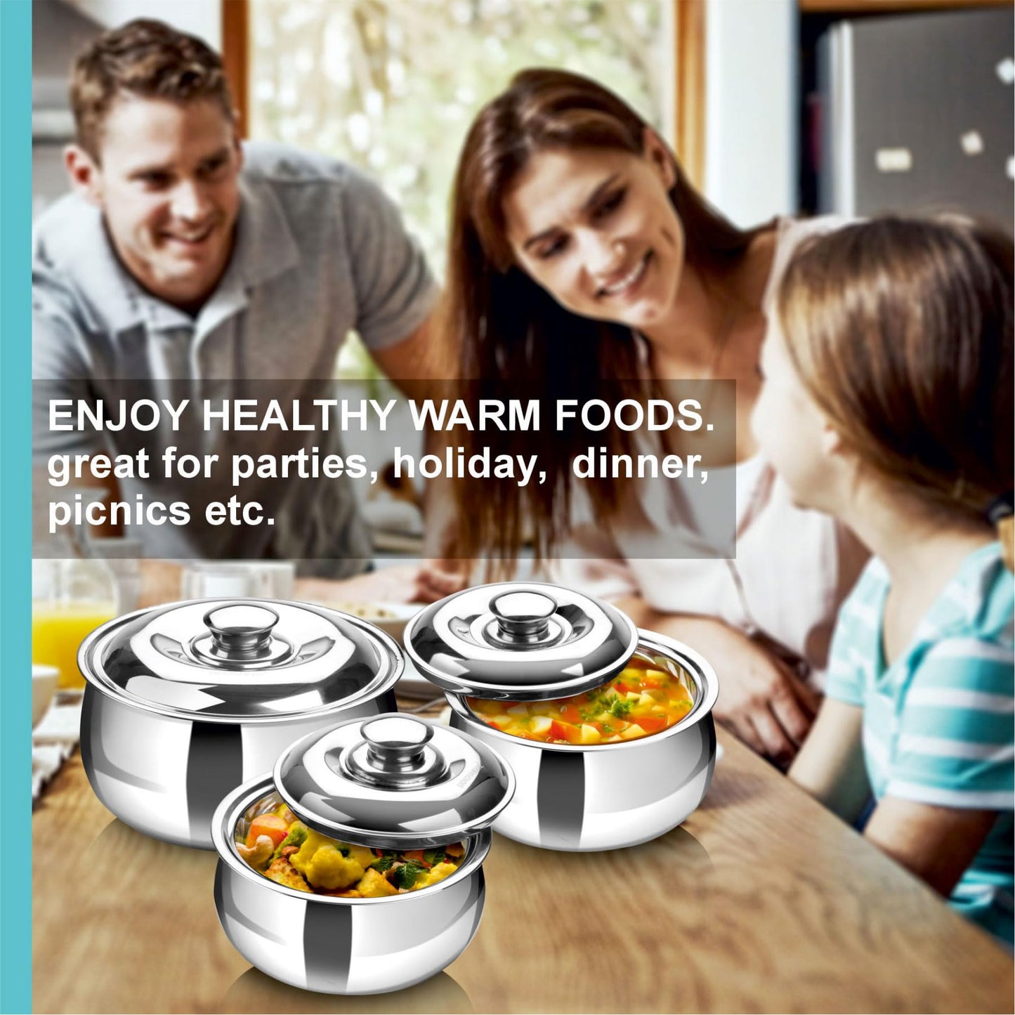 SIGNORA WARE Large Insulated Casserole Dish with Lid Set of 3. Stainless steel Hot Pot Food Warmer/Cooler -Thermal Soup/Salad Serving Bowl Stainless Steel Hot Food Container–Best Gift Set for Moms