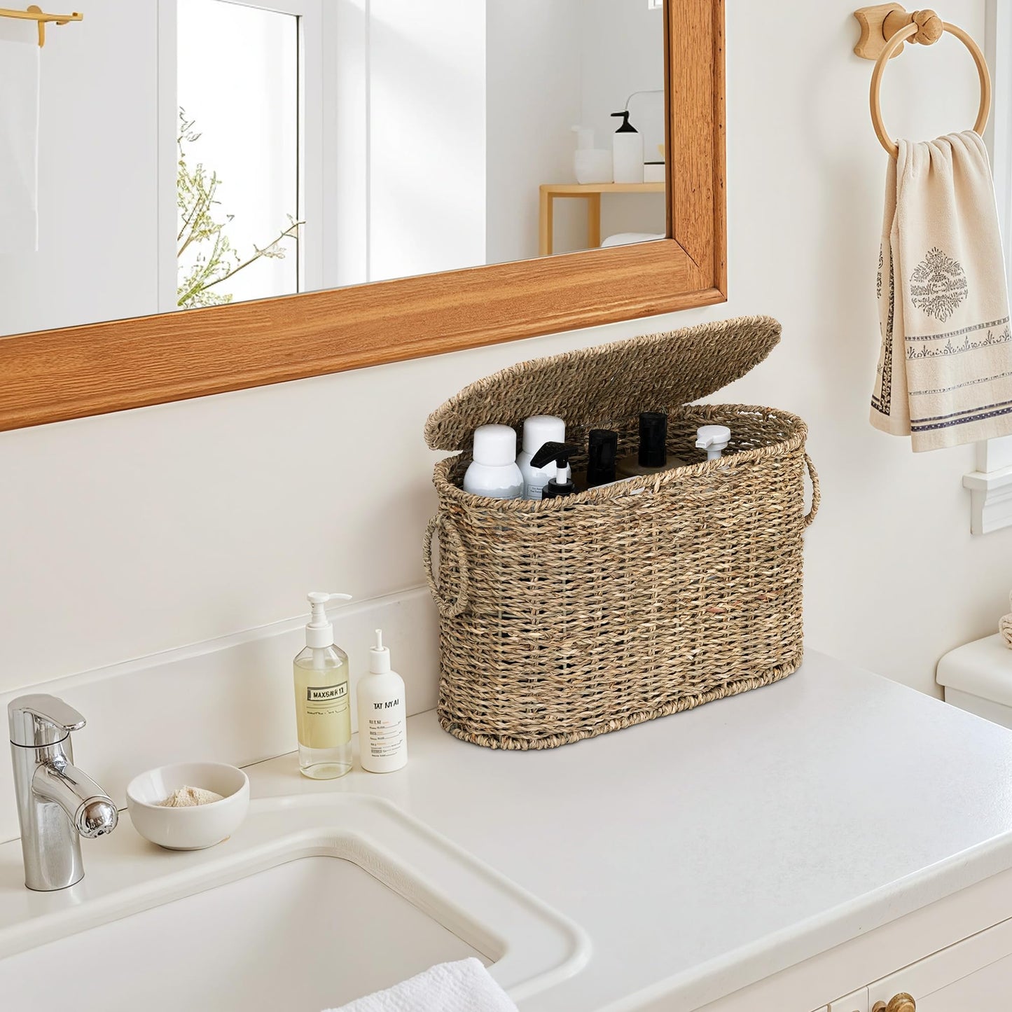 StorageWorks Toilet Paper Storage with Lid, Toilet Paper Storage Holder for 6 Regular Rolls, Wicker Basket for Bathroom, Natural Seagrass