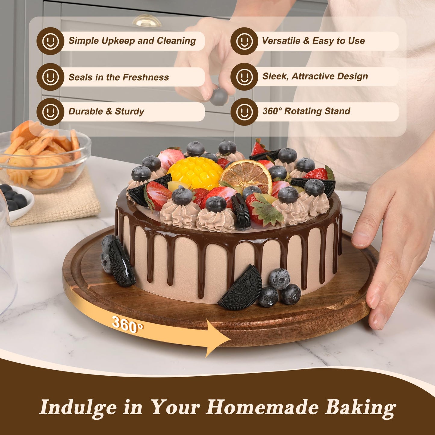 Bellsal Cake Stand with Dome Lid, 12in Acacia Wood Cake Plate with Cover, Wooden Cake Display Stand with Acrylic Dome, Cake Decorating for Baking Gift