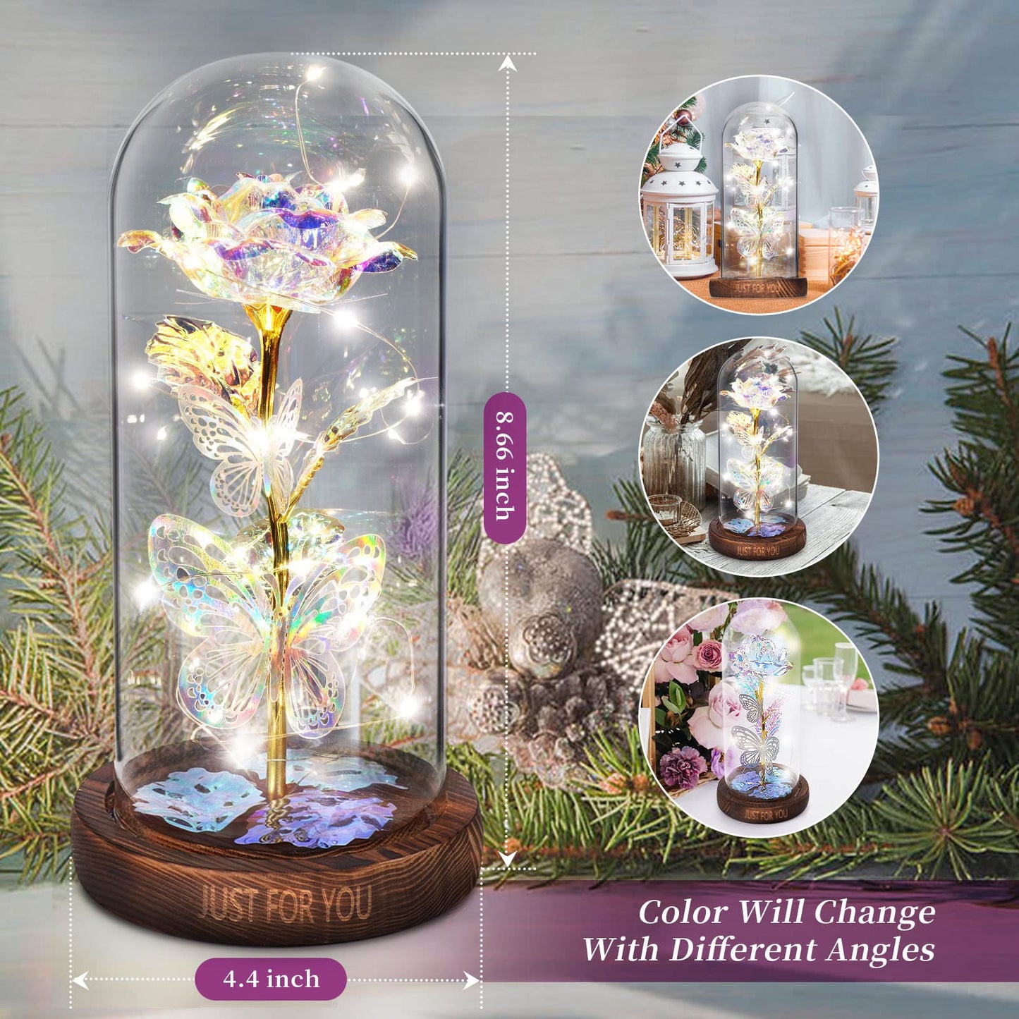WOKEISE Light Up Rose Butterfly in Glass Dome, Mothers Day Rose Gifts for Mom, Birthday Anniversary Flowers Lighted Roses Gifts for Women,Wife,Mom, Grandma,Girlfriend,Girls,Sister-Silver