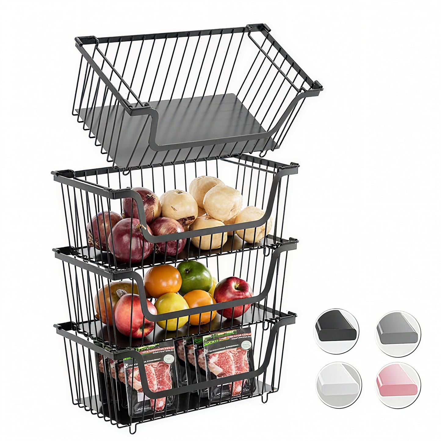 GAOKASE 4 Pcs Stackable Wire Baskets for Pantry Organizers and Storage,Vegetable Fruit Basket for Countertop,Kitchen Storage Metal Baskets,Produce Potato Onion Storage Bin,Black