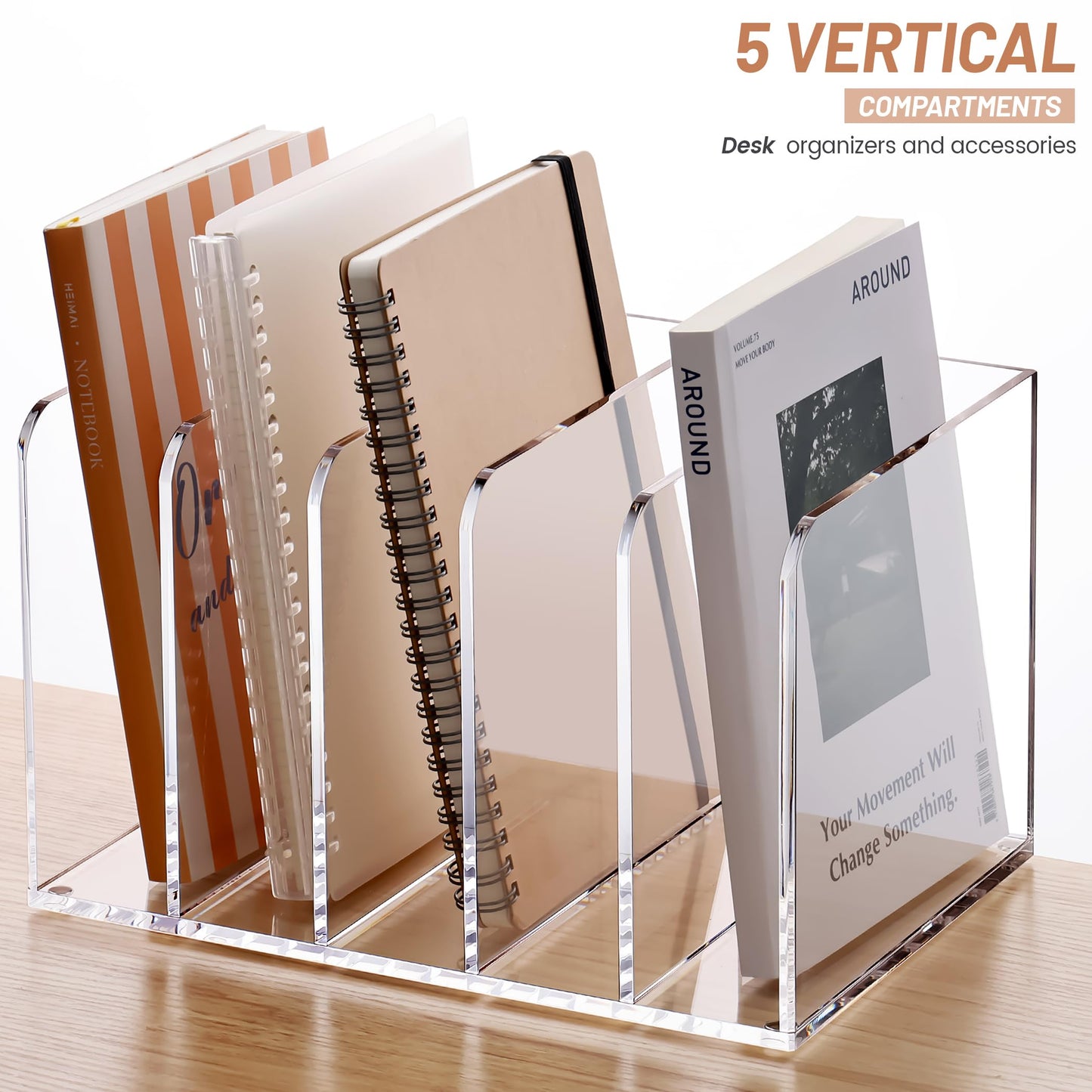 YUXUN Acrylic Magazine Holder,Clear Desk Organizer Vertical File Sorter Holder Stand for Notebook,Paper,Envelope,Magazine, Book Storage-Office/Home/Classroom Organization (5 Compartments,B5)