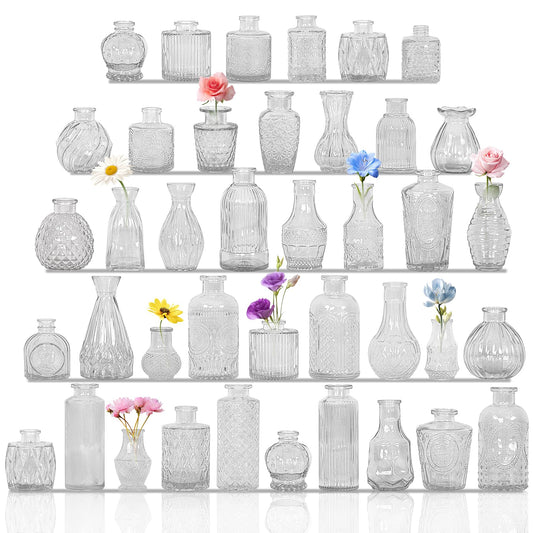 Set of 40 Glass Bud Vases, Small Clear Glass Vases in Bulk, Mini Vintage Embossed Flower Vase for Wedding, Centerpieces, Birthday Party, Home Table Decorations, Baby Shower (Clear)
