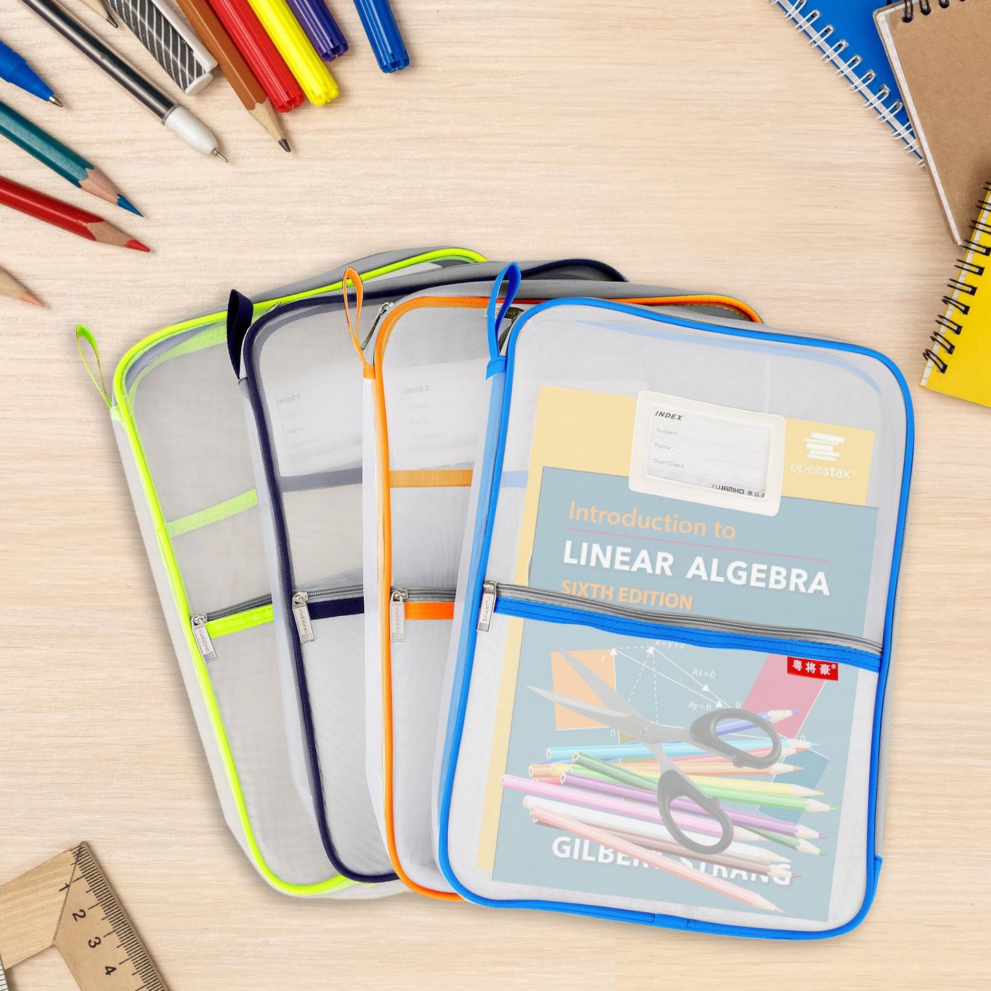 Pendancy Mesh Zipper Pouch 14.8x10.8 in Transparent Lightweight Nylon File Folders, A4 Size Multi-layer Subject Document Organizer Accessories Storage bag for Office and School Supplies(4 PCS)