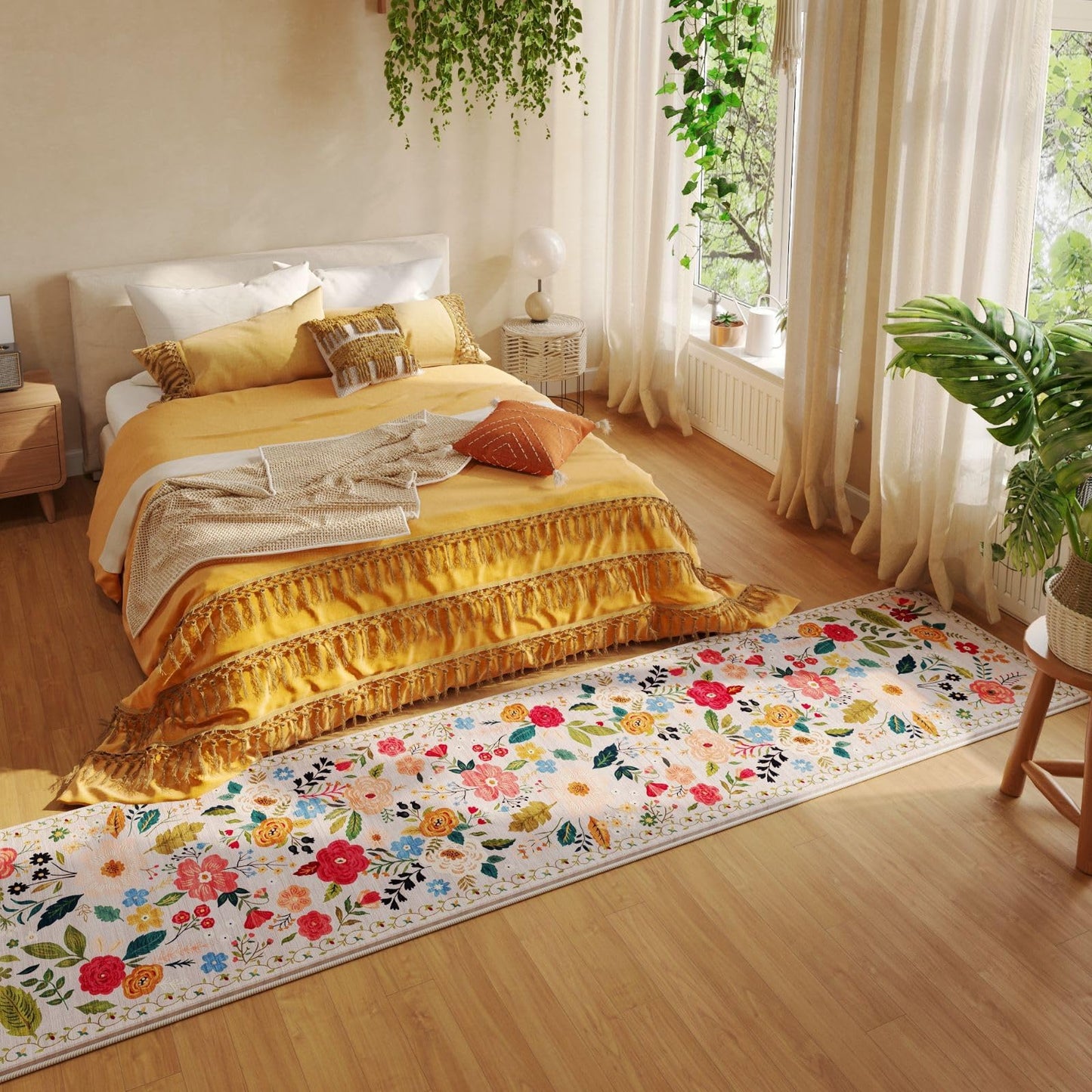 Rugcomf Long Hallway Runner Rug 2'7"x14' - Floral Washable Non Slip Boho Carpet for Kitchen, Entryway, Hall, Bathroom - Beige