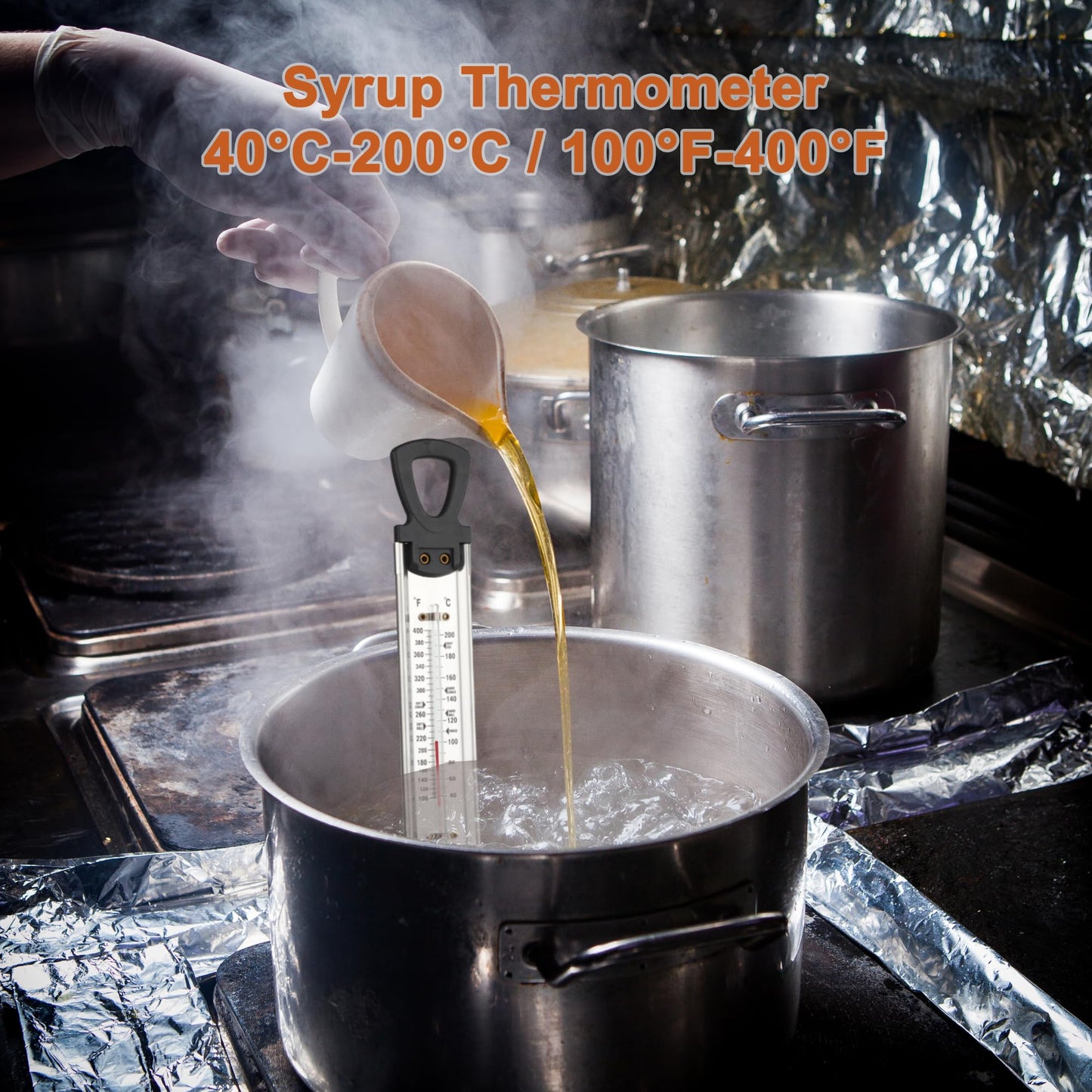 Oil Fryer Filters, Stainless Steel Filter Strainer with Thermometer, Cone Strainer Holder Stand with 20pcs Cone Filter Paper & Folding Arm to Deep Fryers, for Cooking Oil Filter and Maple Sap Making