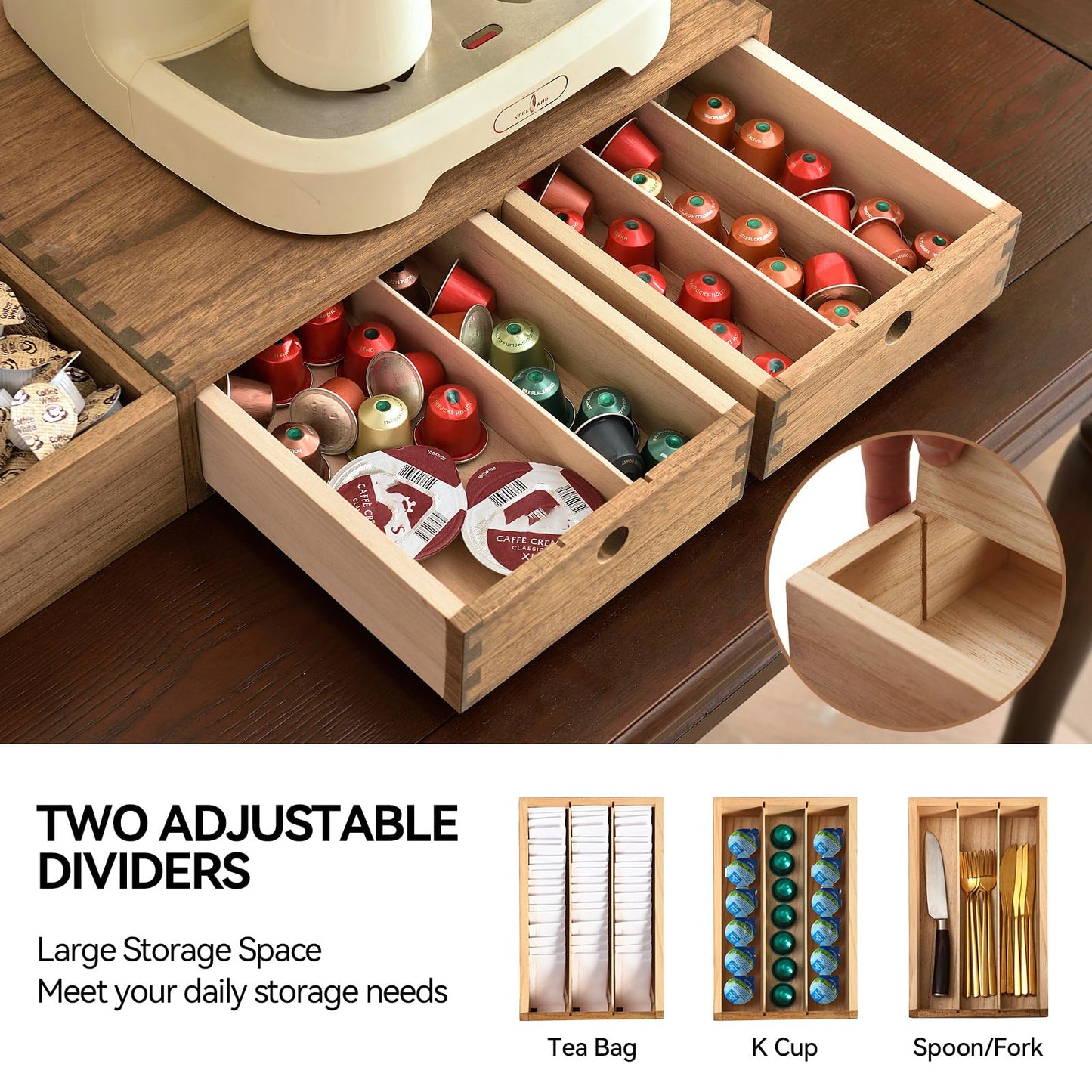 KIRIGEN Wooden Coffee Station Organizer 2-Piece Set - Coffee Bar Storage with Drawers for Sugar, Tea - Coffee Pod Holder and Accessories Organizer for Kitchen Counter Brown KFJTZ-DBR