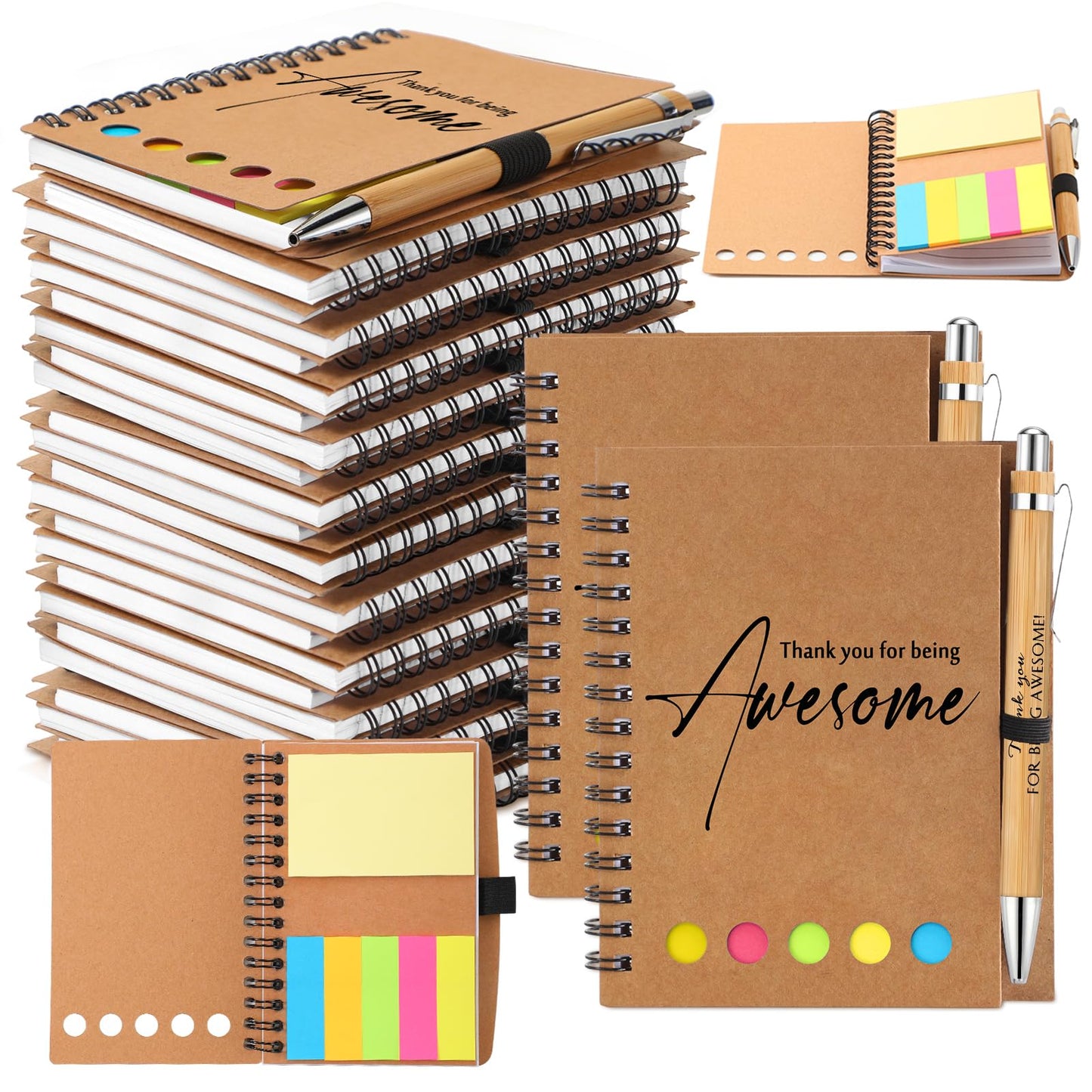 Chuangdi 20 Sets End of Year Teacher Gifts Bulk Inspirational Spiral Notebook with Sticky Note Motivational Pen Appreciation Gifts for Employee Team Staff Coworker (Classic,Kraft)