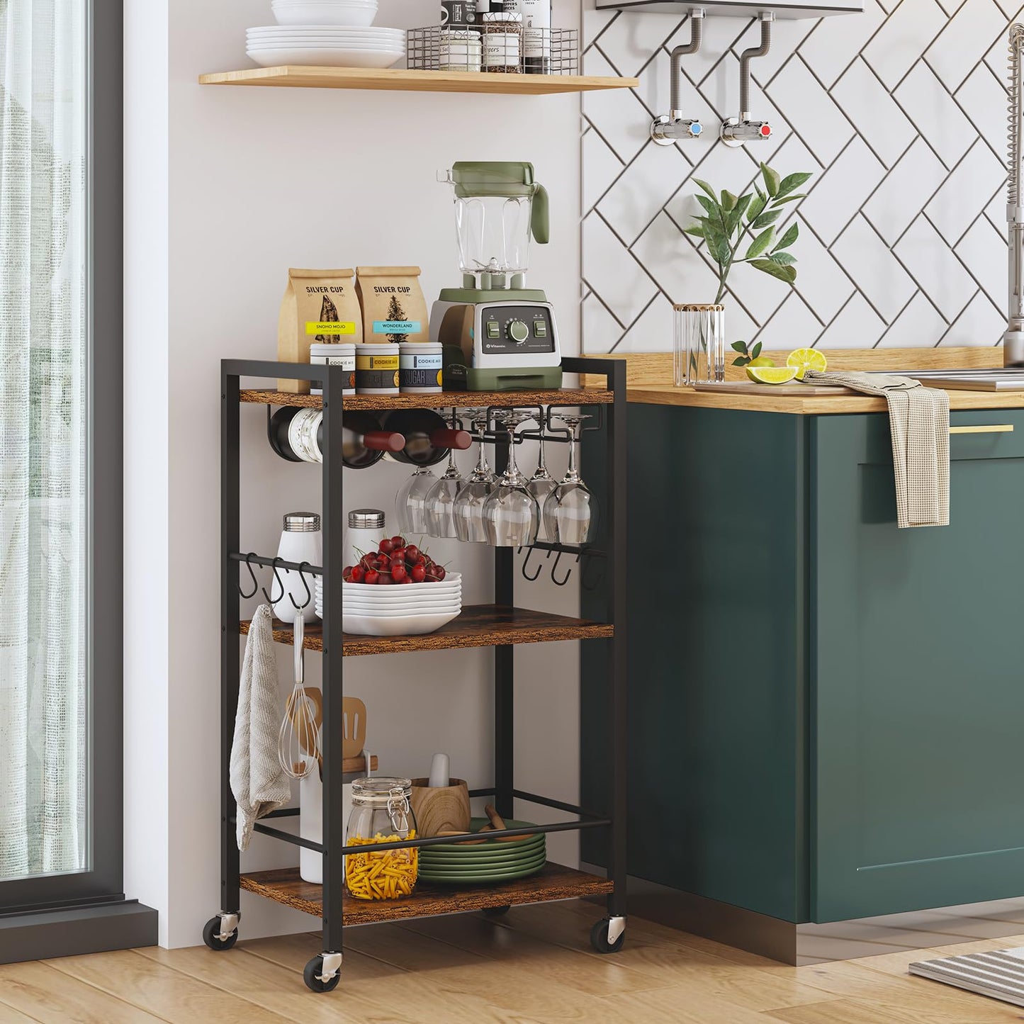 TUTOTAK Bar Cart, Home Bar Serving Cart with 3-Tier Shelf, Drink Cart with Wine Rack, Glass Holder, Rolling bar carts for the Home, Living Room, Brown BC01BB035