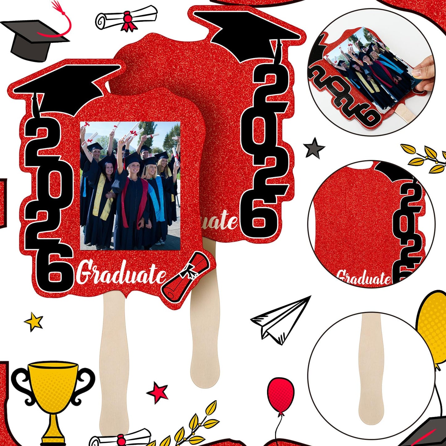24 Pcs Graduation Cutout Face Fans with Handle Double Sided Personalized Grad Party Supplies Class of 2026 Grad Photo Props Blank DIY Photo Frame Graduation Party Souvenirs(Classic,Red)