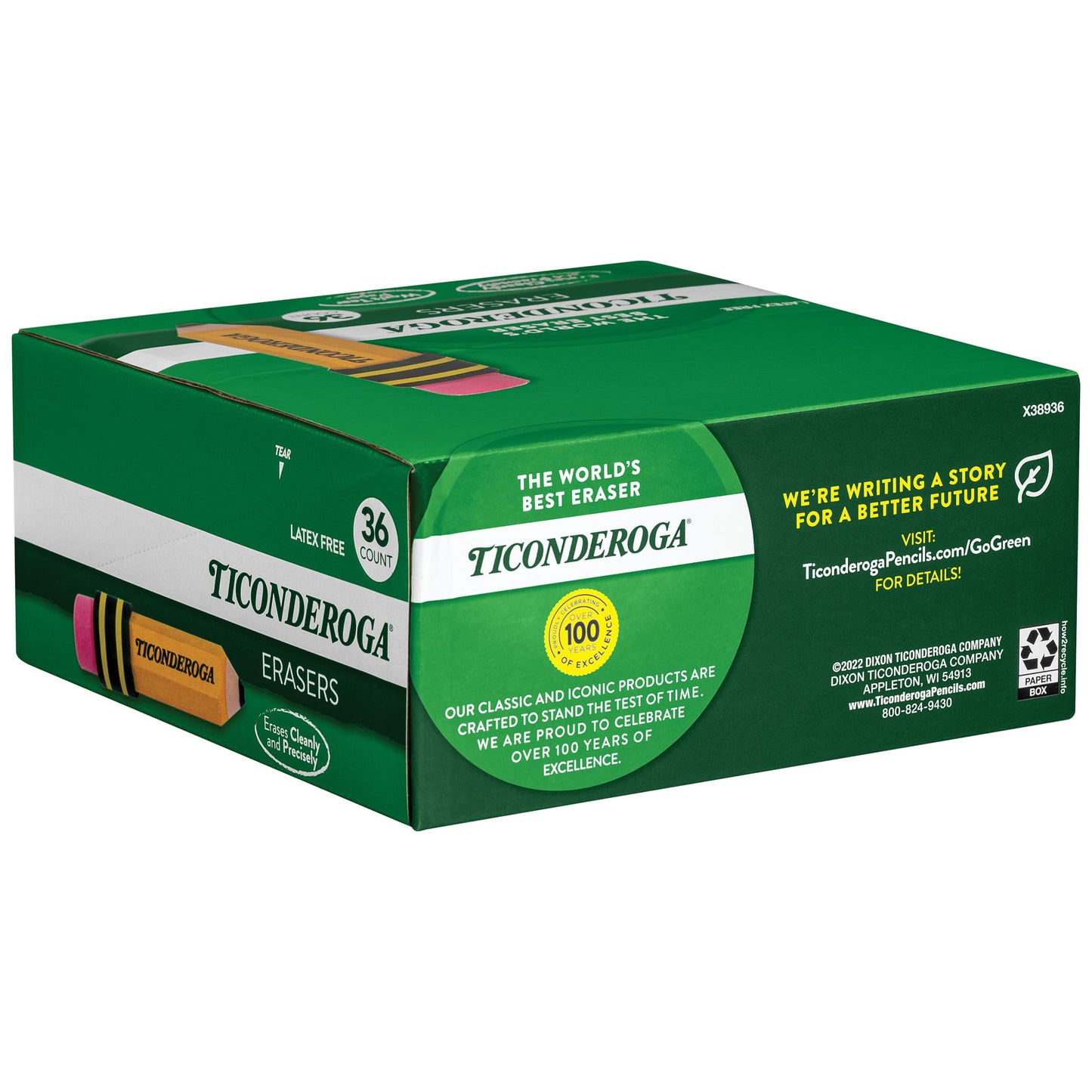 TICONDEROGA Erasers, Pencil Shaped, Yellow, 36-Pack (38936)
