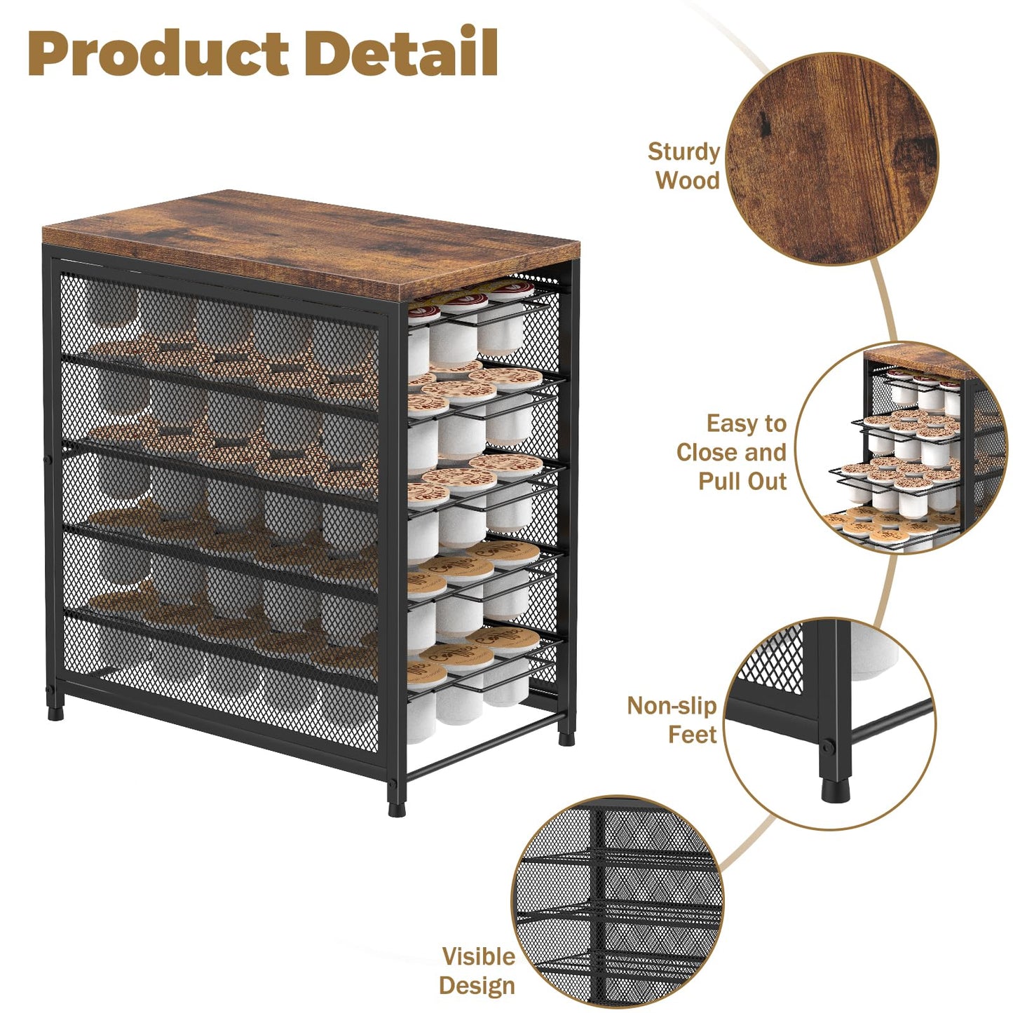 NANANARDOSO Coffee Pod Holder for Counter, 5 Tier Coffee Pod Drawer for Keurig Pod Storage Drawer Holder, 90 Capacity Pods Storage Organizer Cups Capsule with Sliding Baskets for Coffee Station
