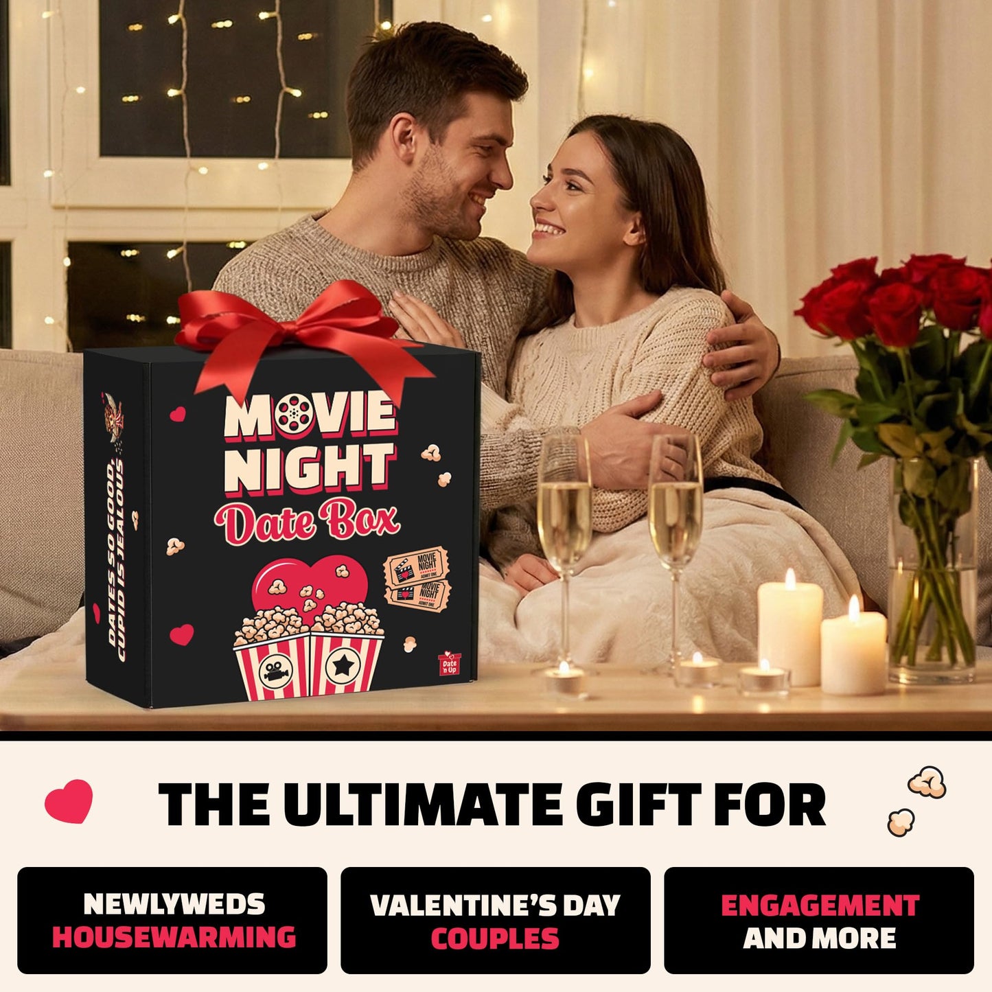Movie Night Date Night Box for Couples, Perfect Valentines Day Gifts with Couples Blanket, Popcorn Bowl Buckets, Re-usable Cups, Date Night Generator Cards, Movie Genre Dice, Gifts for Movie Lovers