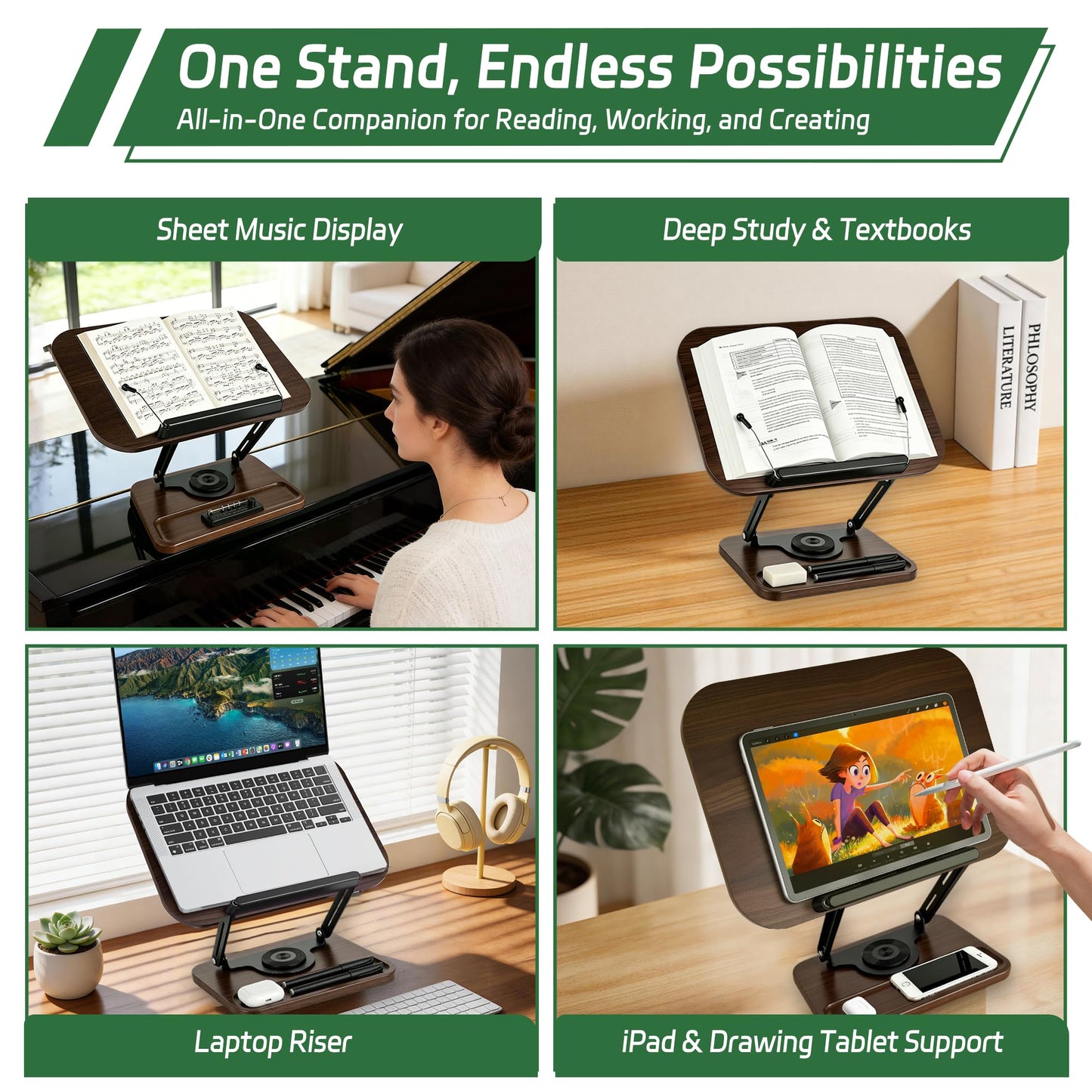 Siyoriot Book Stand for Reading, 360° Rotating Book Holder for Desk, Heavy Duty Bible Stand with Page Clips, Adjustable Height for Thick Textbooks, Cookbooks, Music Book