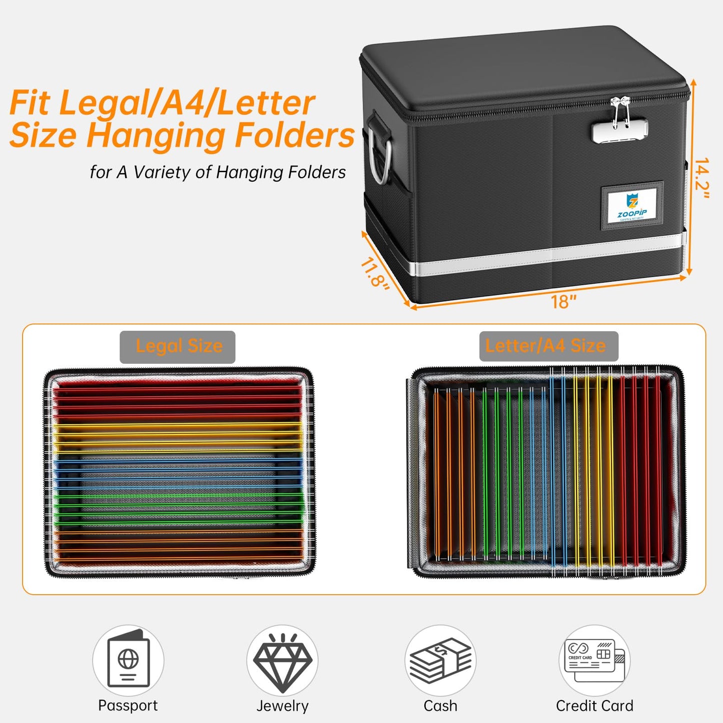 ZOOPIP Fireproof Document Box,5200°F File Organizer Box with Lock,Foldable Filing Organizer Cabinet, Portable Safe Storage for Hanging Letter/Legal Folder,Black
