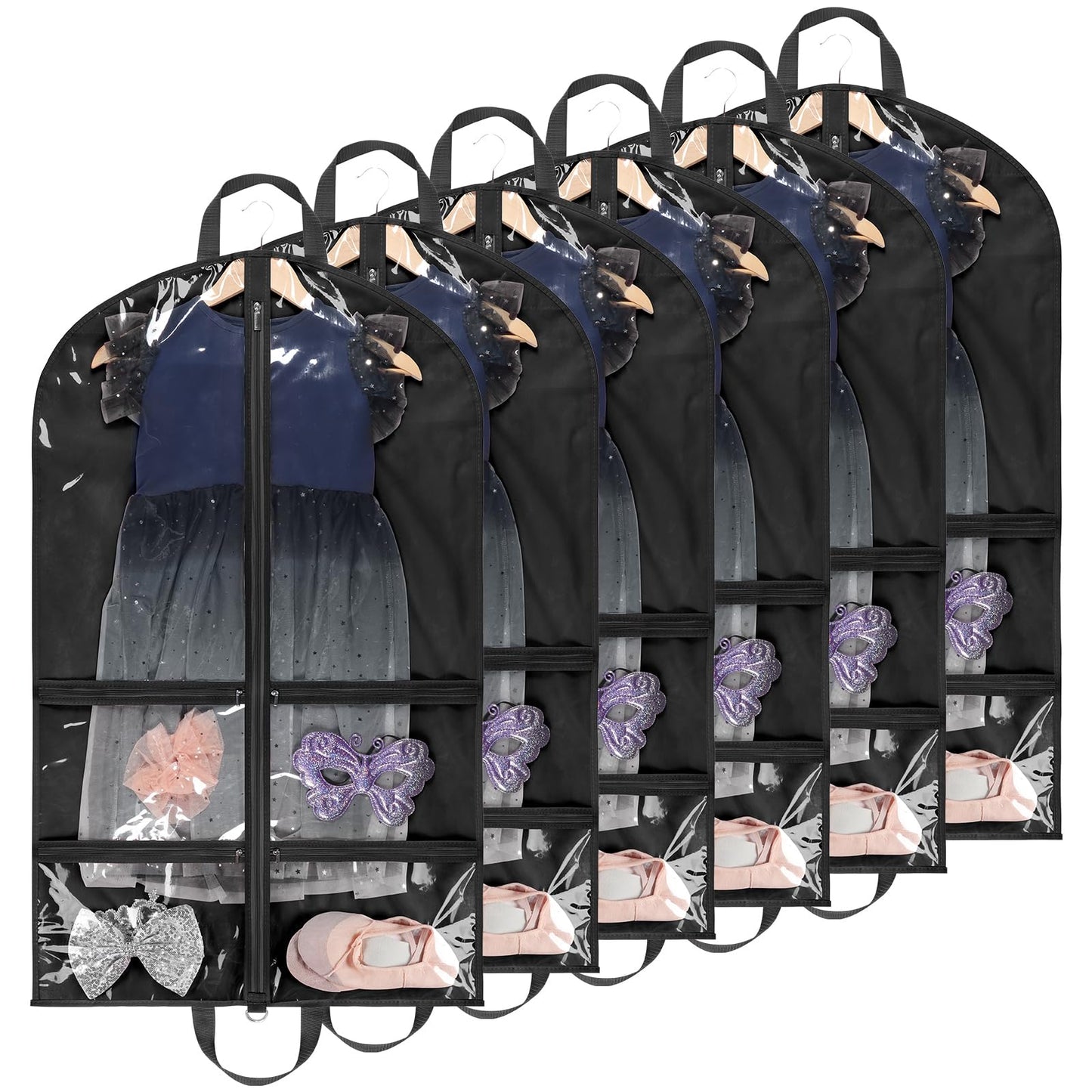 KEEGH Clear Garment Bags for Dance Costumes 40 inch Dance Garment Bags for Dancers Hanging Clothes for Closet Storage, with 4 Zipper Pockets for Dance Competitions, Ballet, Theatre, 6 Pack, Black