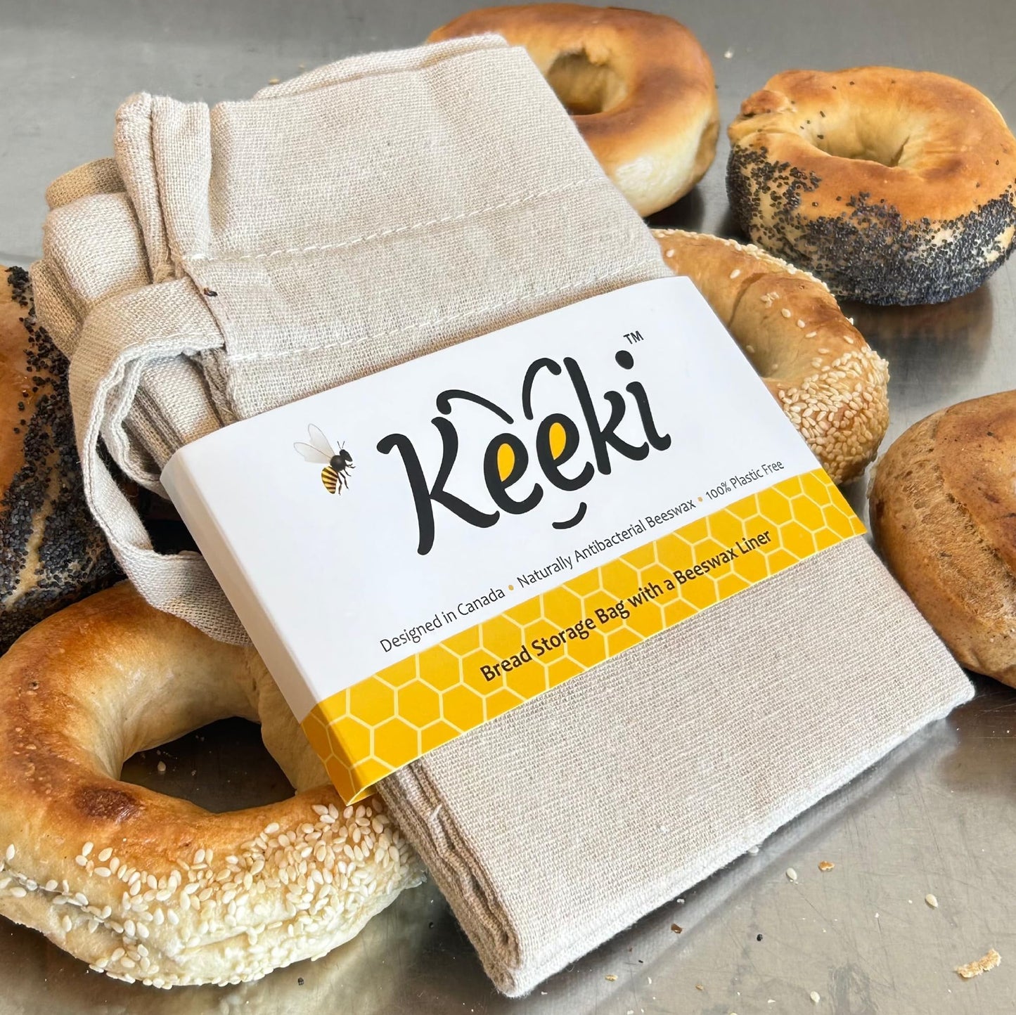 Keeki Bag - The Original Beeswax Lined Bread Bag for Homemade & Sourdough | Reusable Linen Bread Storage | Beeswax Wrap Alternative | Plastic-Free Storage w/Wide Drawstring Closure (Yellow)