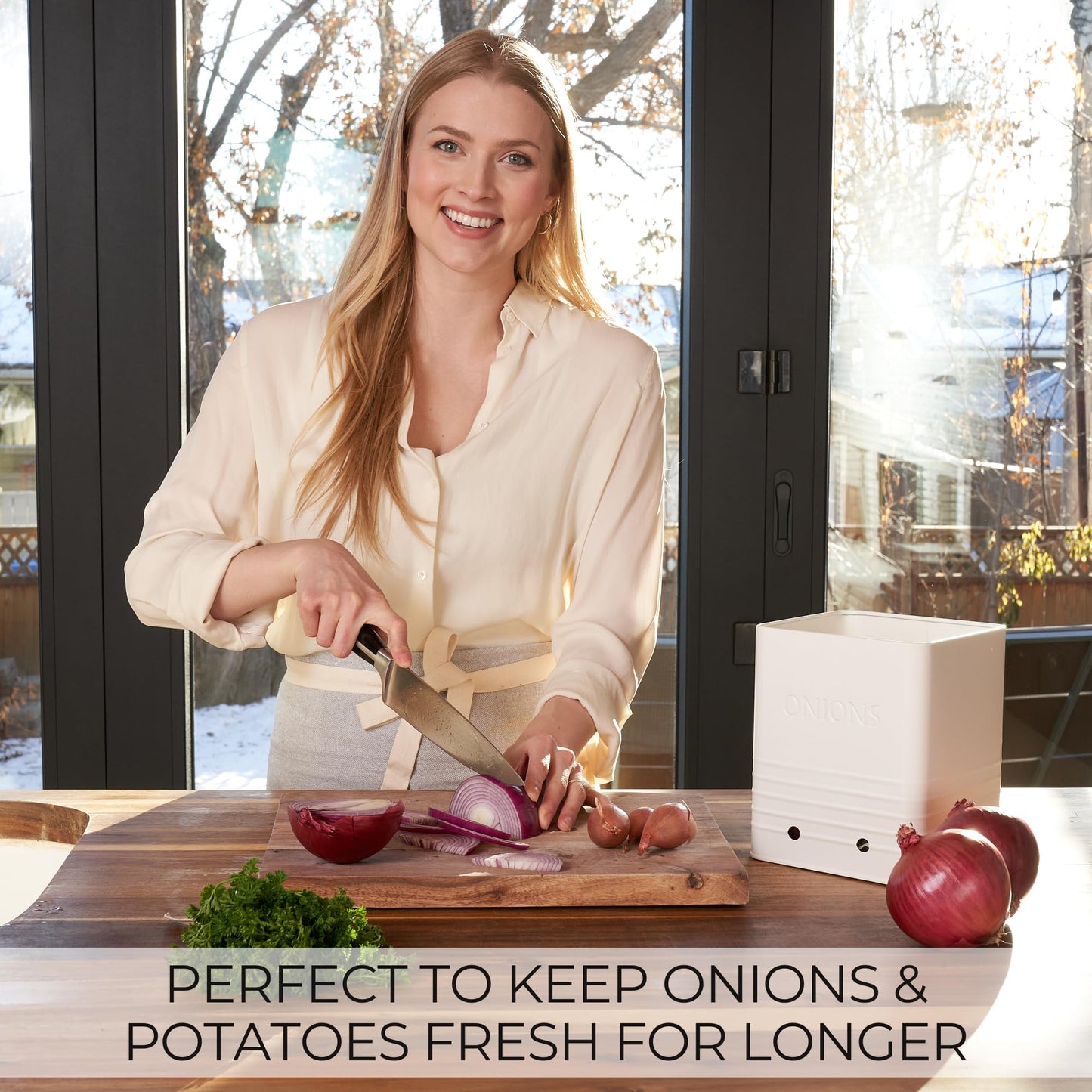 ZICOTO Beautiful Potato and Onion Storage Container Set, 10.1" & 8.9" - Perfectly Sized Spacious Canisters For Your Kitchen Counter Or Pantry - Food Safe Metal Bins Keep Produce Fresh Longer