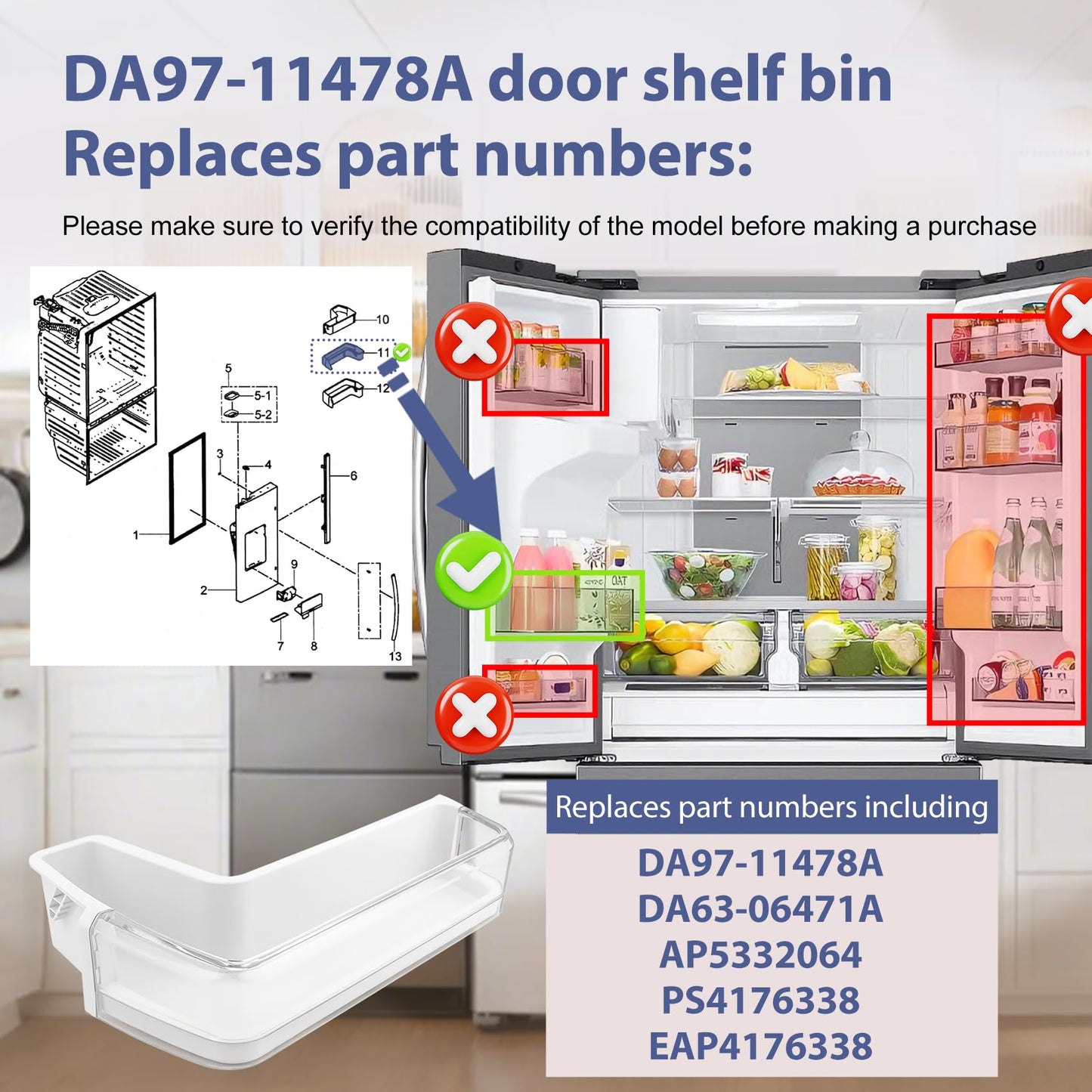 DA97-11478A Refrigerator Door Bin Compatible with Samsung Refrigerator Left Middle Door Shelf Bin RFG298HDRS, RFG296HDBP, RFG296HDPN, RFG296HDRS etc, Replace DA63-06471A, AP5332064 Door Shelf Bin