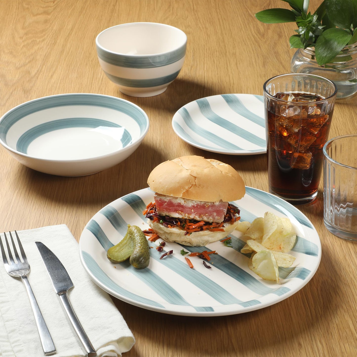 Gibson Home Kenwood Shores 16 Piece Dinnerware Set, Blue Striped, Hand-Painted Stoneware Dishes, Plates and Bowls, Service for 4, Microwave & Dishwasher Safe