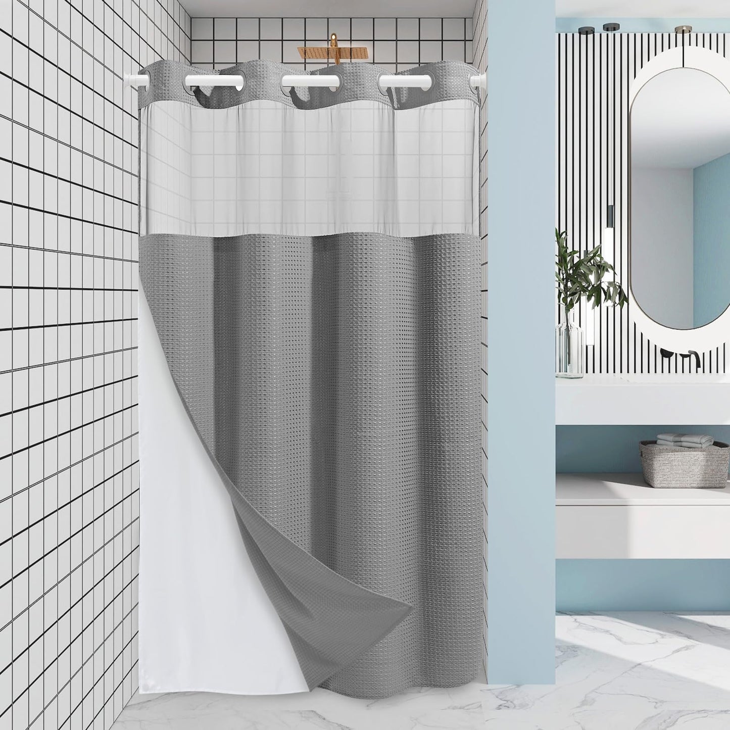 EUTXL Stall No Hook Shower Curtain with Snap in Liner,230GSM Waffle Weave Shower Curtains for Bathroom,60W x 74H,Grey
