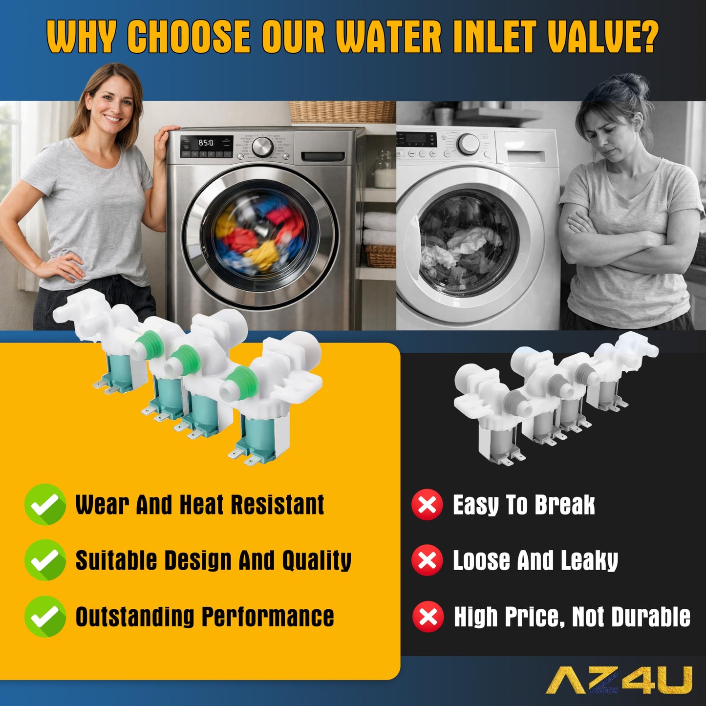 AZ4U Washer Water Inlet Valve Replaces For Samsung WA45H7000AW/A2 WA400PJHDWR/AA WA45M7050AW/A4 WA40J3000AW/A2 WA50R5200AW WA50R5400AV WA422PRHDWR/AA WA45H7000AP/A2 WA45H7000AW/AA WA45M7050AW Top Load