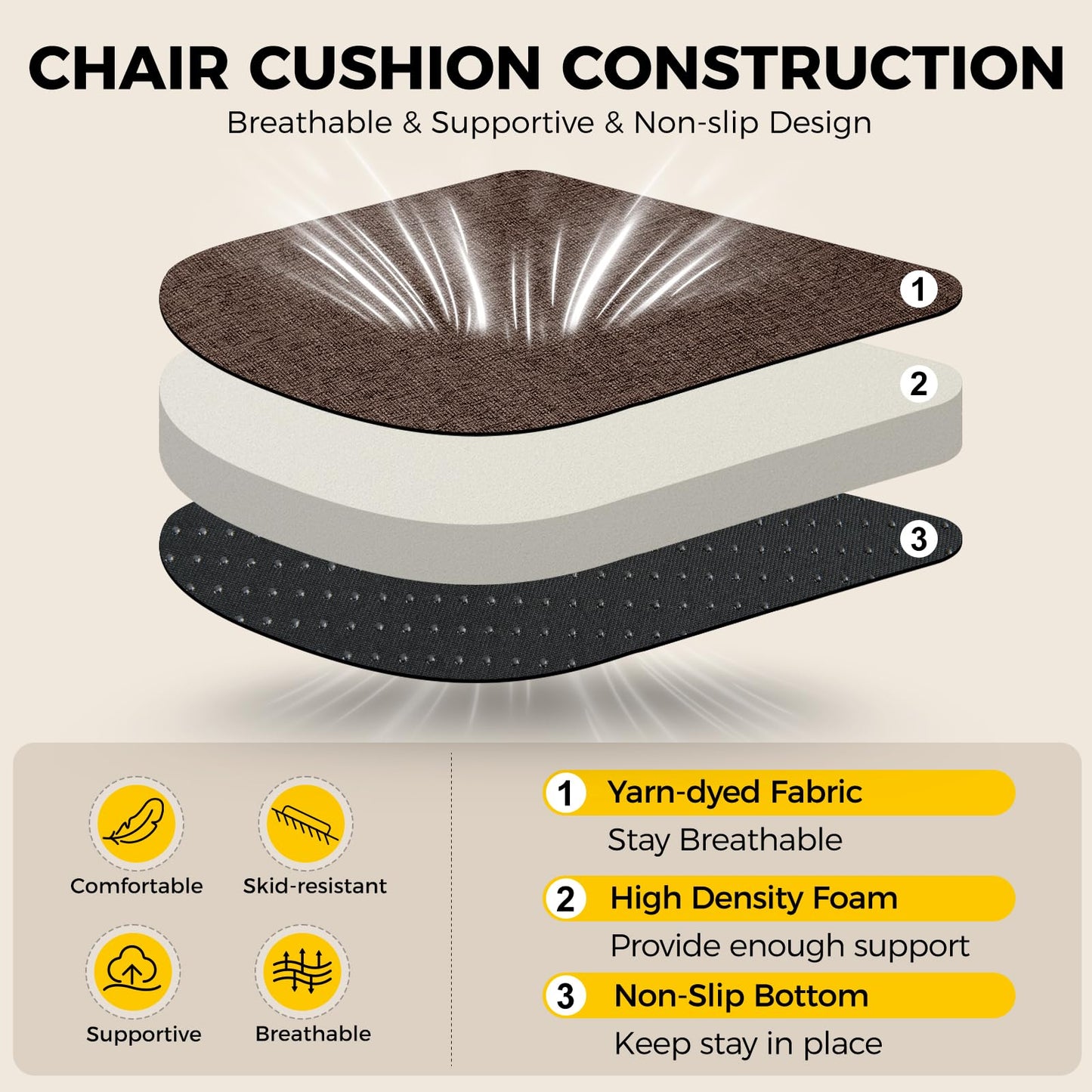 downluxe Indoor Chair Cushions for Dining Chairs, Soft and Comfortable Textured Foam Kitchen Chair Pads with Ties and Non-Slip Backing, 16" x 16" x 2", Brown, 4 Pack