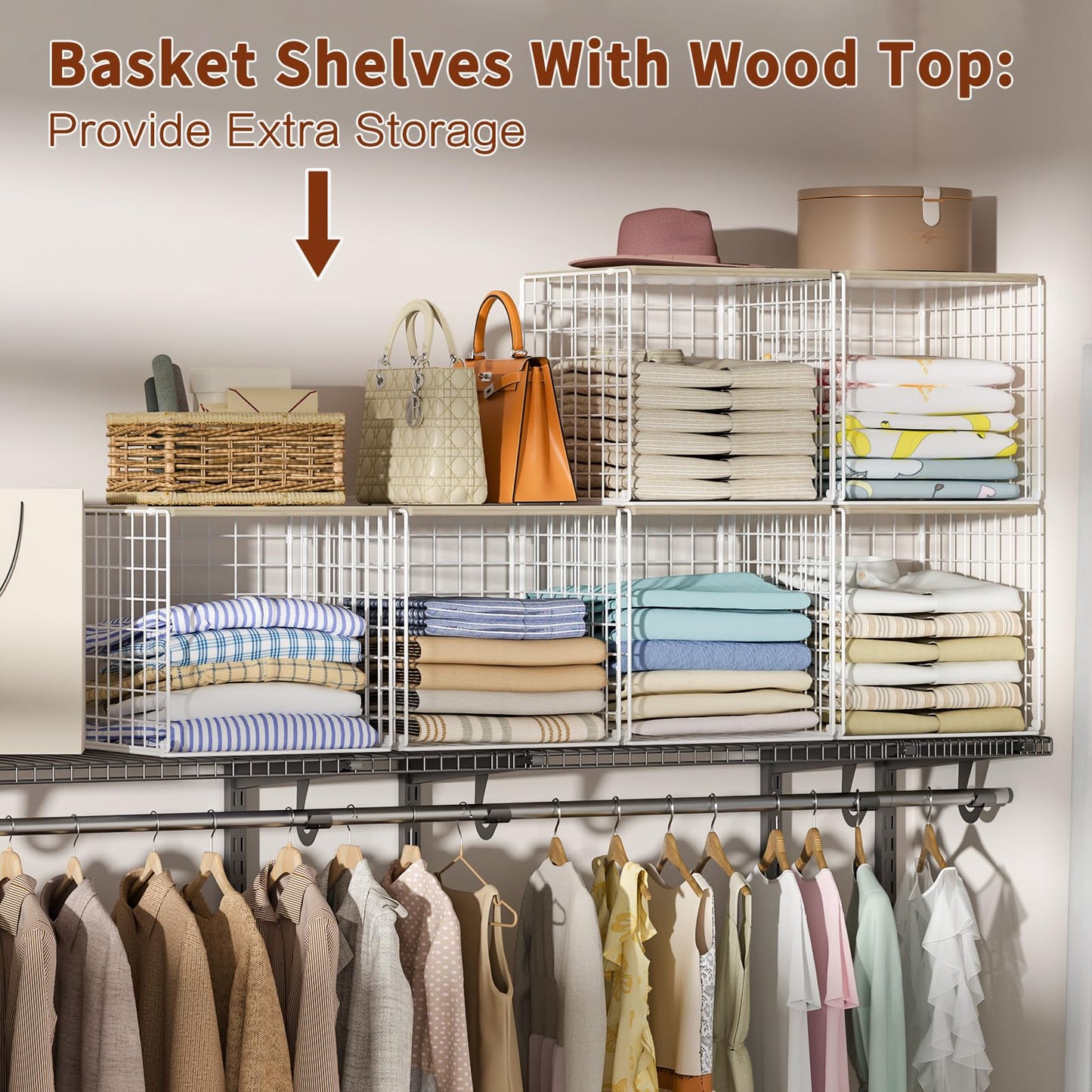 Hencawima 4 Pack Closet Organizers and Storage with Wood Top, Stackable Closet Shelf Organizer, Double Storage Design, Clothes Storage Basket/Cube Organizer for Wardrobe, Sturdy, White