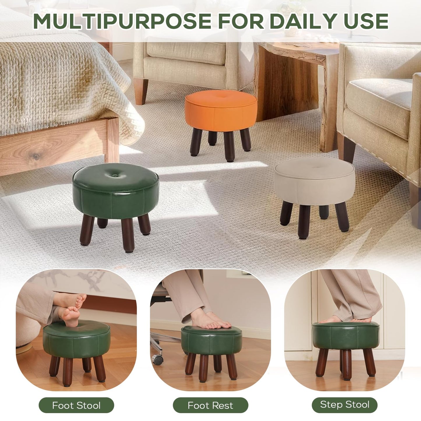 oakvivo 13in Small Foot Stool Ottoman, Round Faux Leather Foot Rest for Couch, Under Desk Pouf Footstool Footrest with Non-Skid Rubber Legs for Ling Room, Bedroom, 13''L x 13''W x 10.2''H, Green