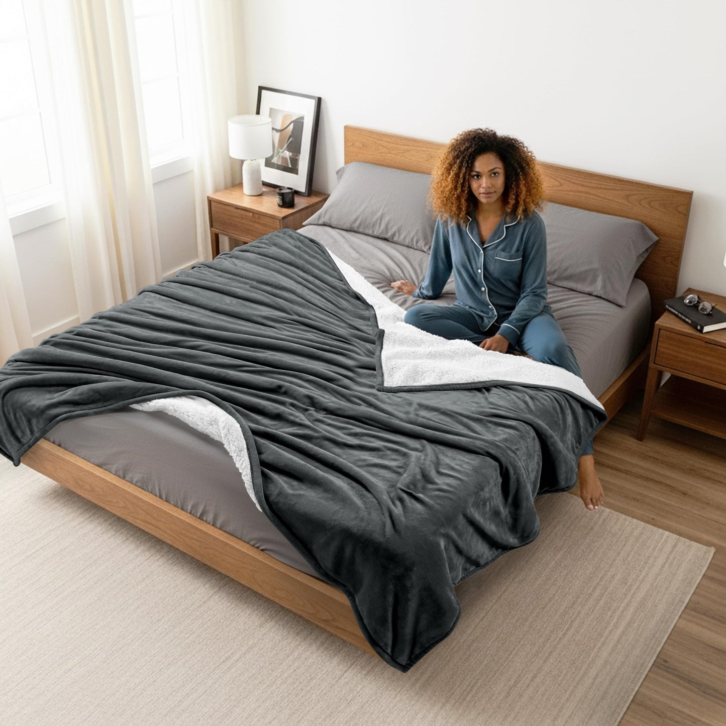 Utopia Bedding Sherpa Blanket Queen Size (Grey, 90x90 Inches) - Soft Warm Plush Fleece Reversible Blanket for Bed, Sofa, Couch, Camping and Travel
