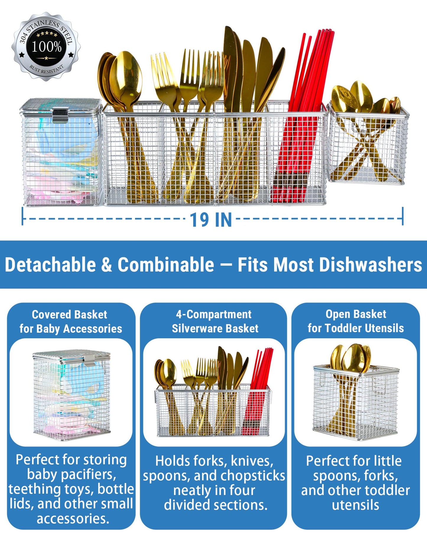 Viscogrip Universal Dishwasher Silverware Basket, 304 Stainless Steel 3-in-1 Dishwasher Utensil Basket, Bottle Parts, Straws, Forks, Chopsticks Cleaning (Silver)
