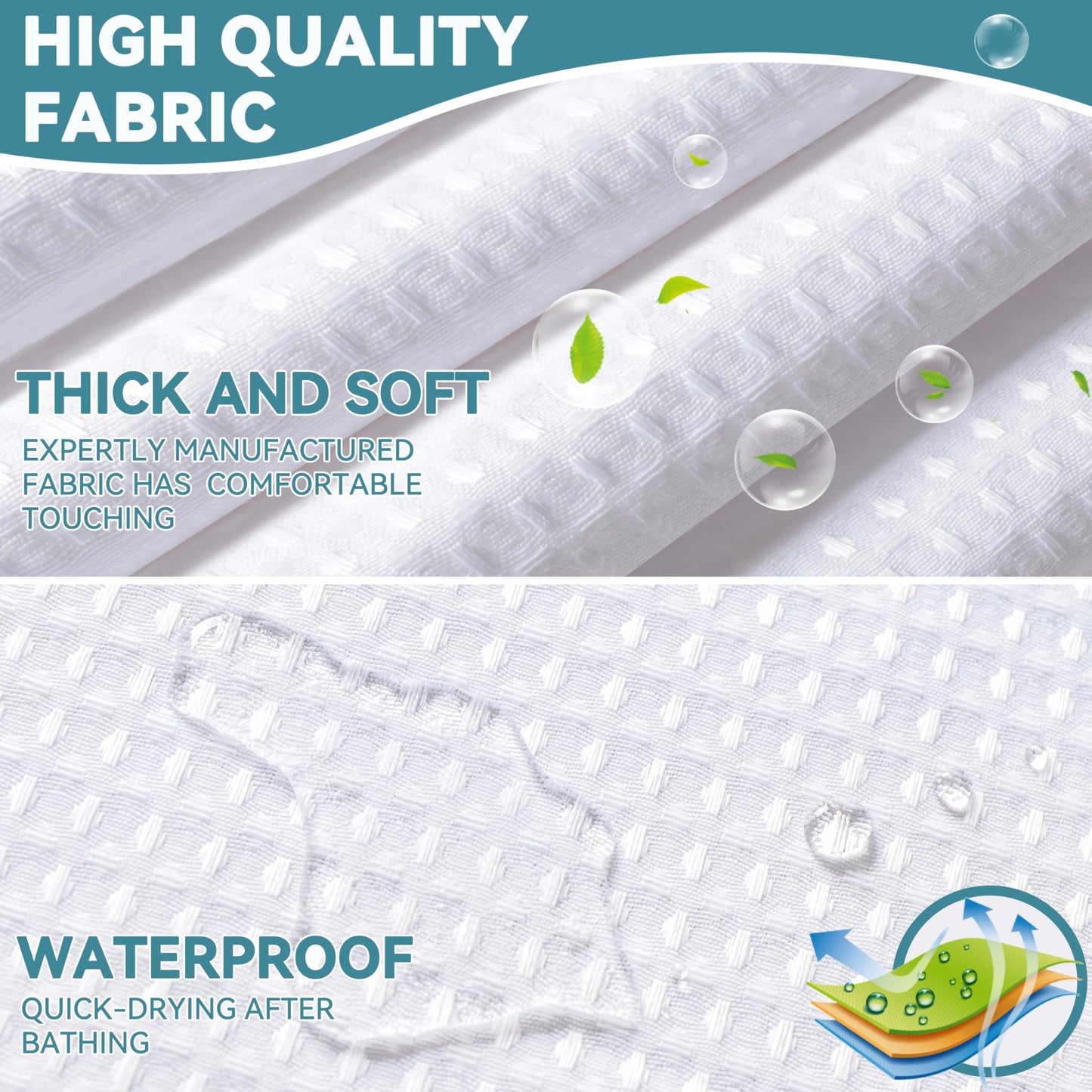 Conbo Mio No Hook Waffle Weave Shower Curtain with Snap in Liner Set, Hotel Luxury White Shower Curtains for Bathroom with See Through Top Window, Waterproof, Washable 71W x 74H