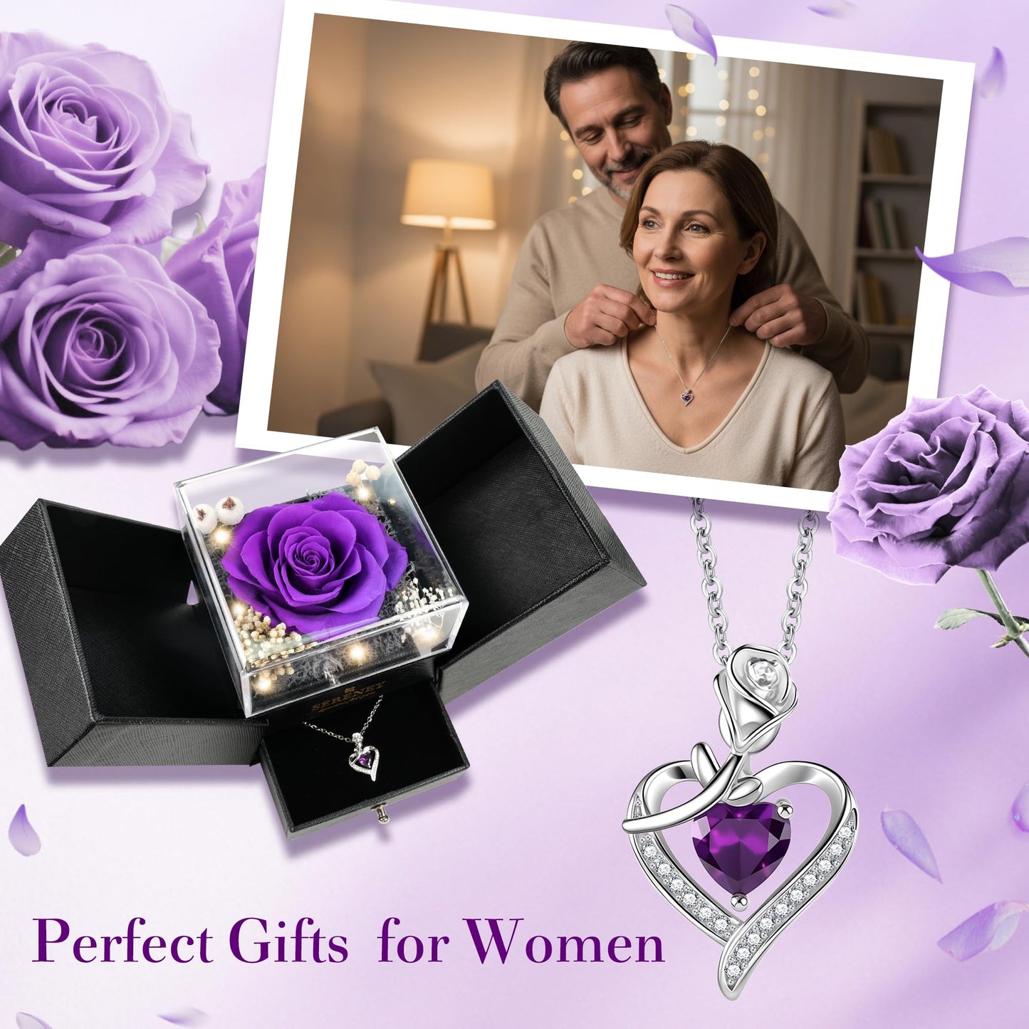 Sereney Preserved Purple Flower Rose with Necklace, Forever Flowers Eternal Rose with Purple Heart Jewelry Gifts for Women Mom Wife Grandma Friend as Anniversary Christmas Birthday Gifts
