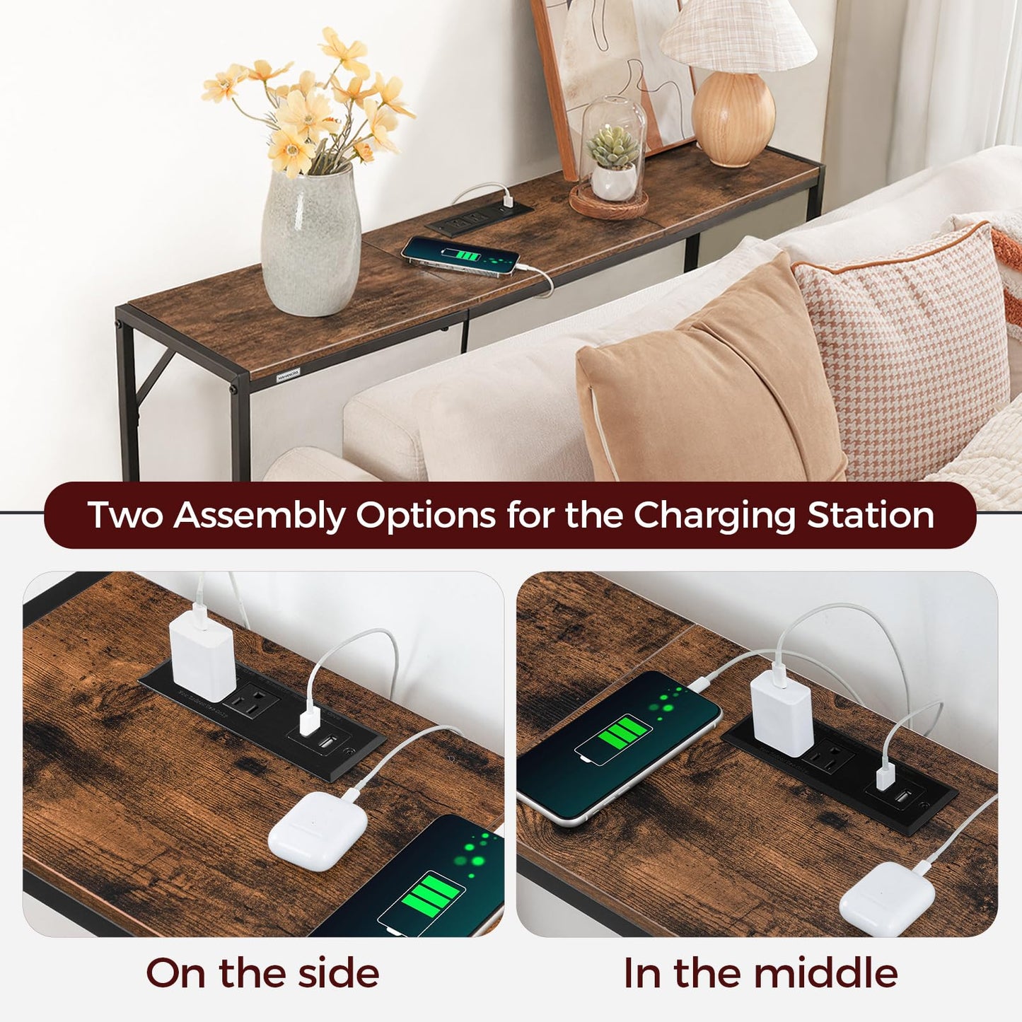 MAHANCRIS Console Table, Narrow Sofa Table, 43.3” Entrance Table with Power Station, Behind Couch Table, Simple Style, for Living Room, Hallway, Entryway, Foyer, Rustic Brown and Black CTHR112E01