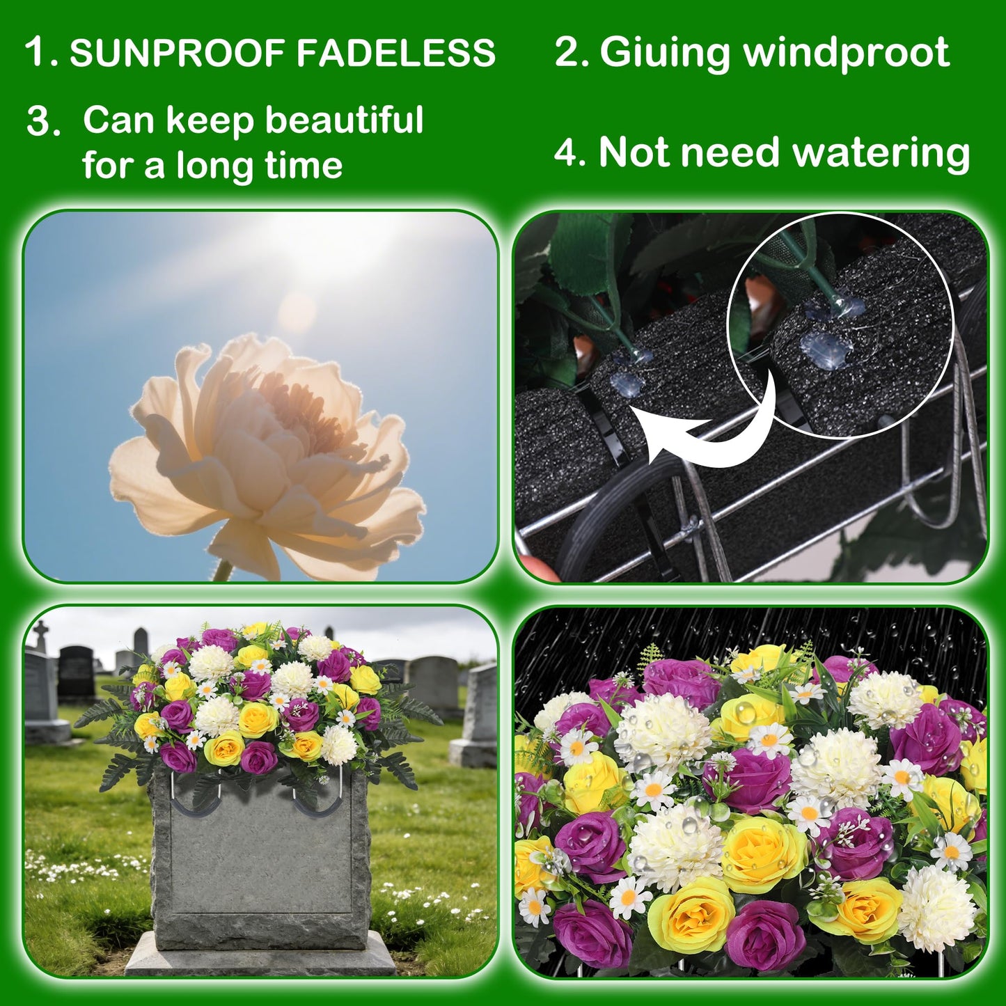 Wocst Headstone Flower Saddle,Large Artificial Cemetery Flowers for Grave Roses & Chrysanthemums Cemetery Memorial Flowers for Outdoor Grave Decorations (Purple)