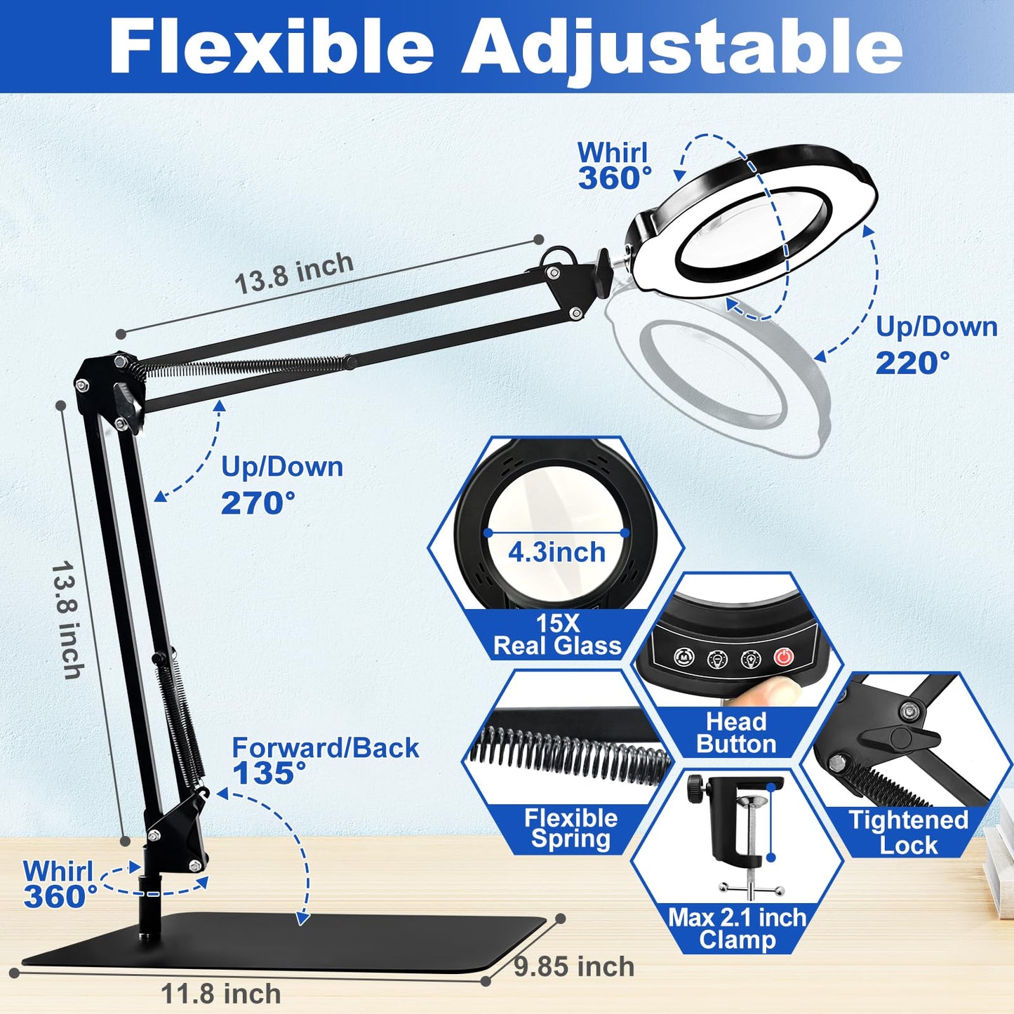 VvLons 15X Magnifying Glass with Light and Stand, 2-in-1 Lighted Magnifying Desk Lamp Dimmable Magnifier Lamp with Light and Clamp Long Arm 84PCS LED Beads Real Glass Lens for Work Close Work Hobby