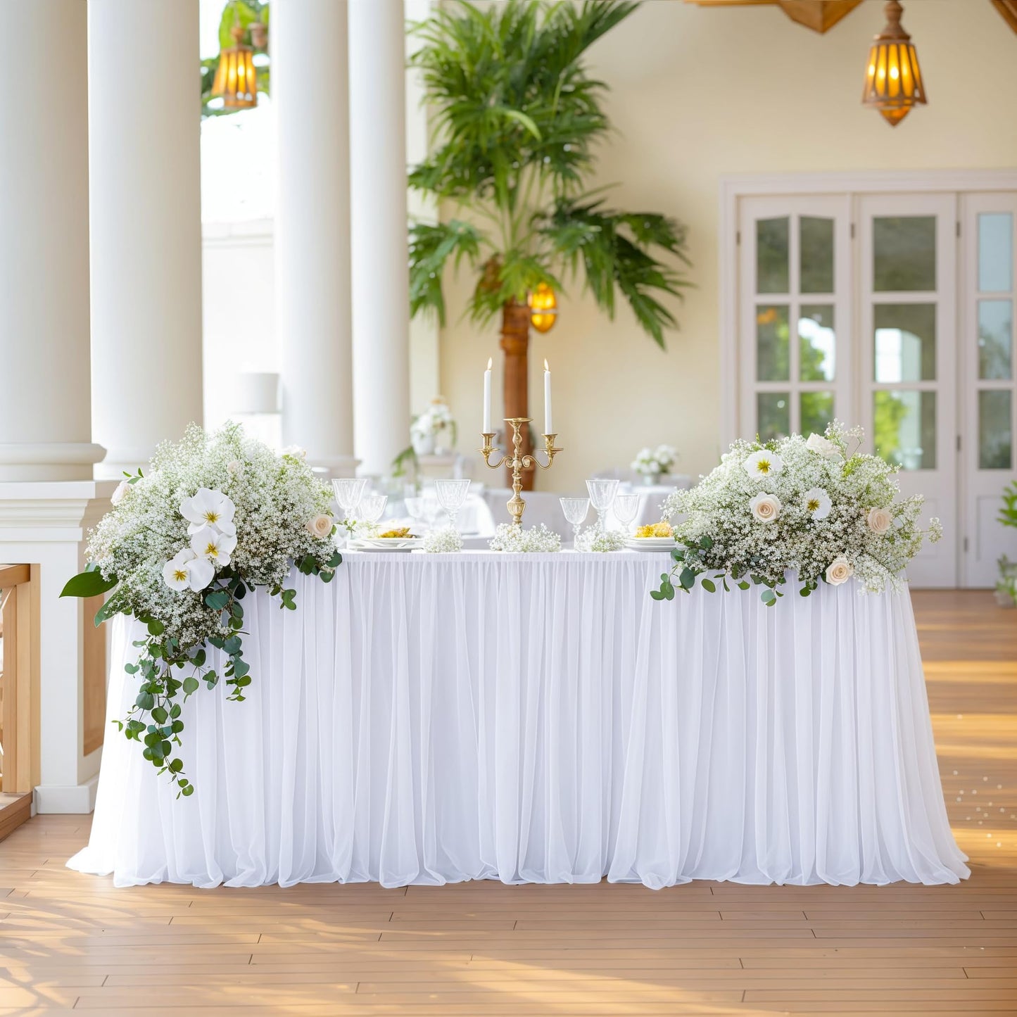 White Table Cloths 6 Foot Rectangle Stretch Ruffle Tulle Tablecloth Spandex Fitted Table Cover for 6 Foot Tables White Tulle Table Skirts Rectangle Tables 6ft Elastic Party Wedding Table Cloths