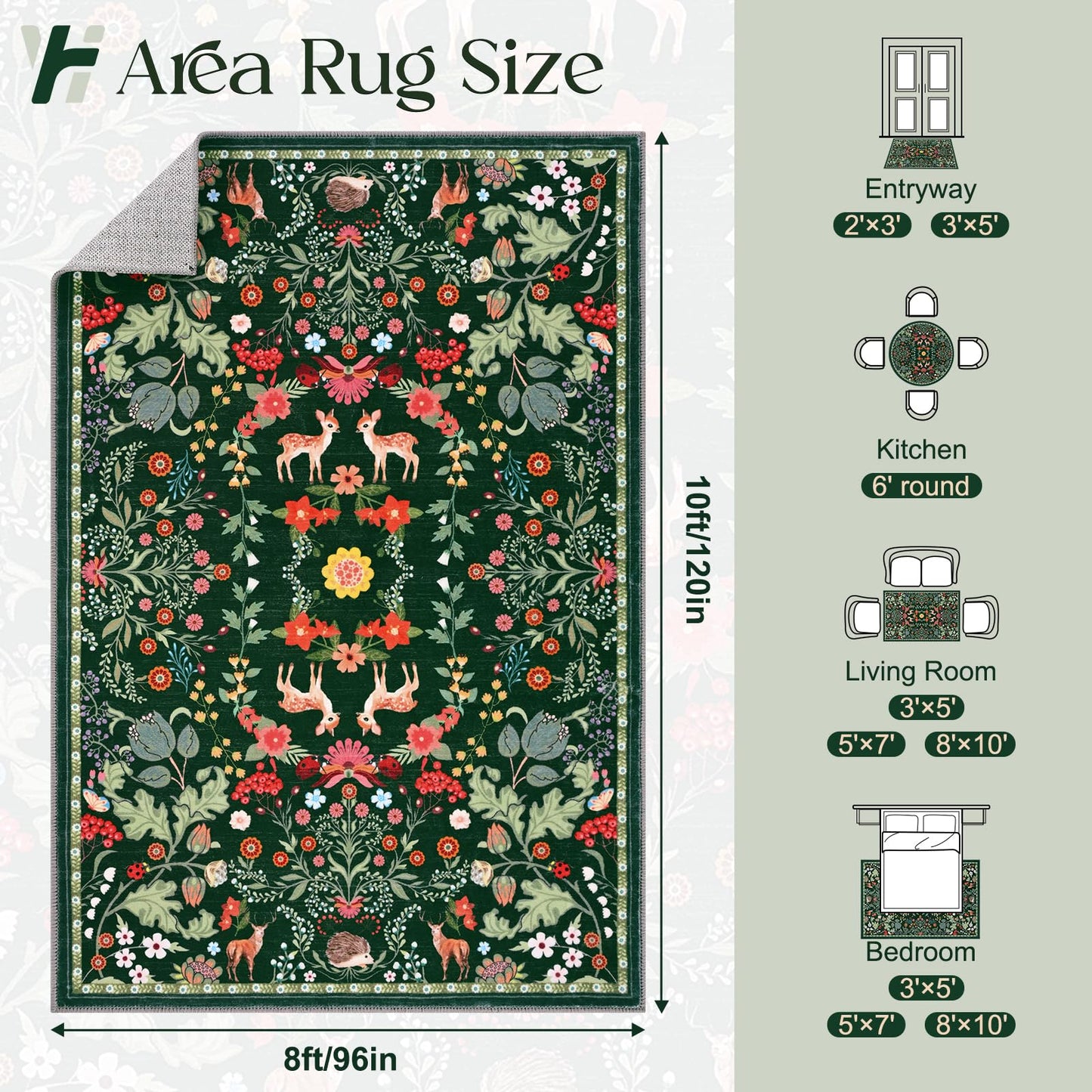 Yinhua 8x10 Area Rugs Floral Washable Rugs for Living Room Green Rug Non Slip Soft Low Pile Faux Wool Botanical Throw Rug for Bedroom, Dining Room, Office, Home Decor, Green