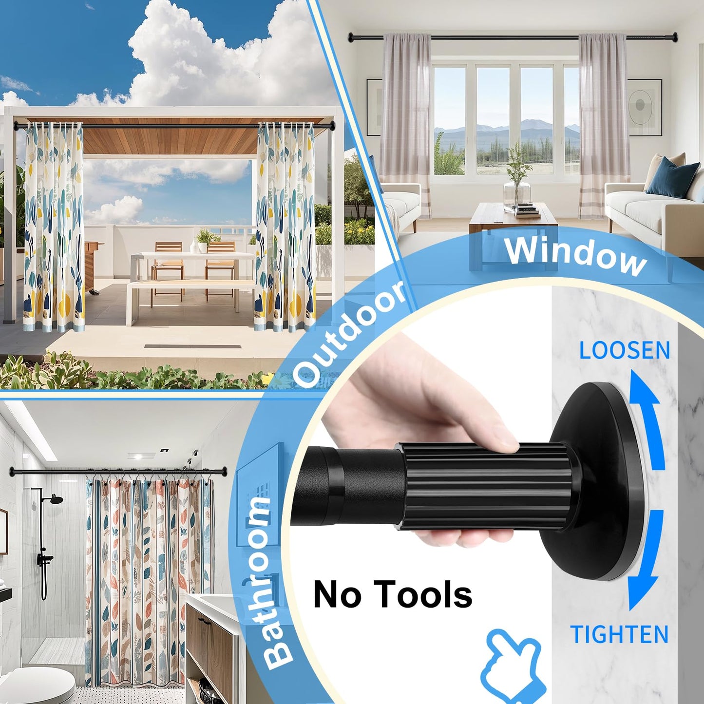 Tension Curtain Rod 51-126 Inch, Long Curtain Rod No Drilling for Window or Bathroom, Outdoor Curtain Rods for Patio Tension Rods, Easy to Install, Never Rust, Rod Diameter 1.26 Inches - Black