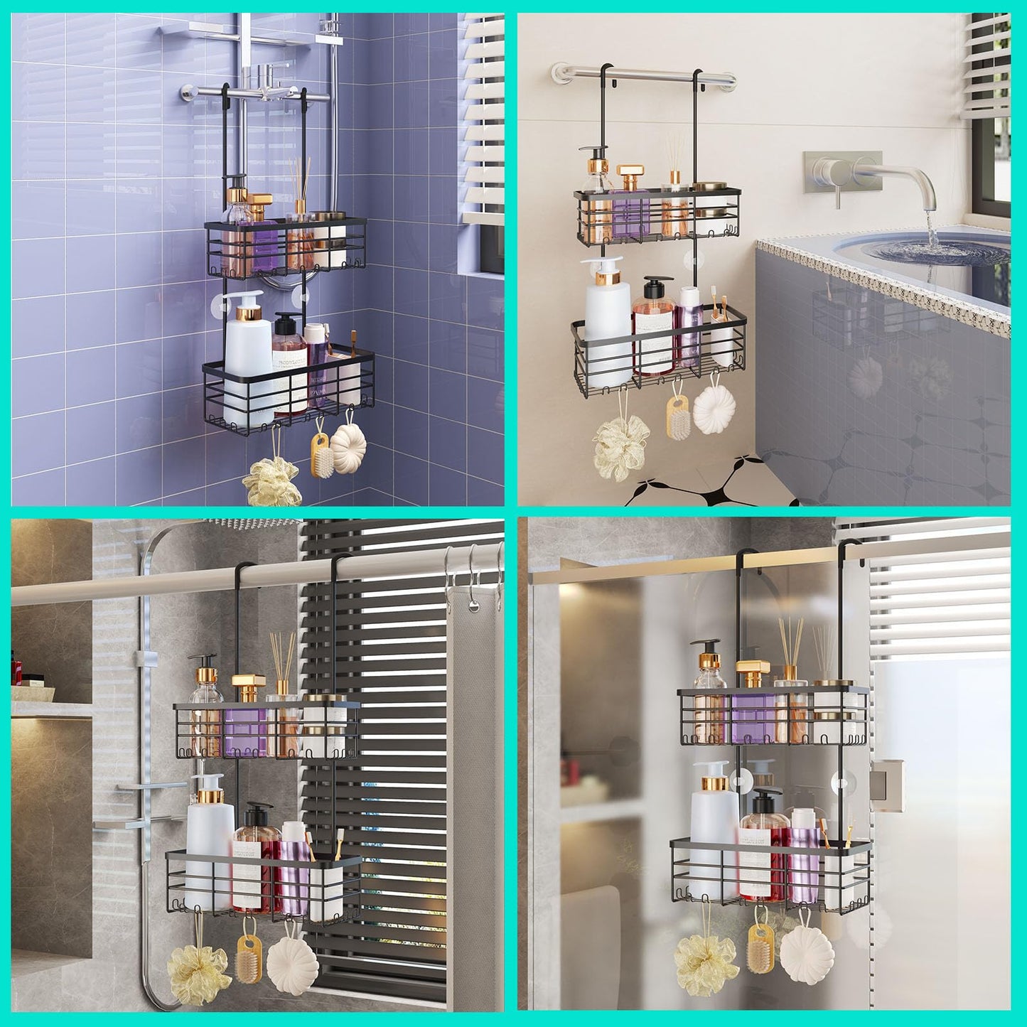 HapiRm Hanging Shower Caddy Organizer - No Drilling Shower Organizer with Hooks, Rustproof & Waterproof 304 Stainless Steel Bathroom Shelves - Black
