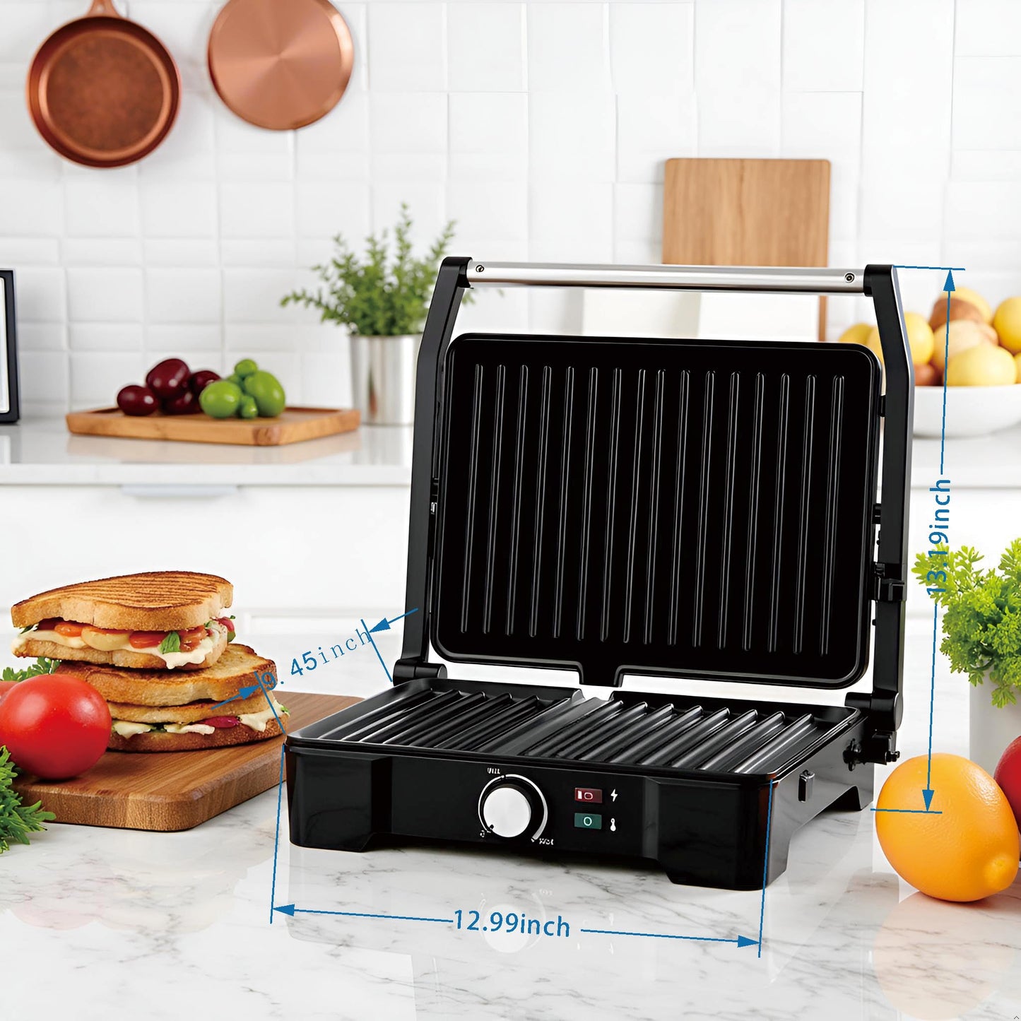MUBENLIFE Panini Press,Sandwich Press Grill,180 Degree Open,Perfect for Grilling Sandwich,Steak,Burger,Non-Stick Grill,Table Grill,Stainless Steel,Temperature Adjustable,4 Slice,Barbecue,GT49A