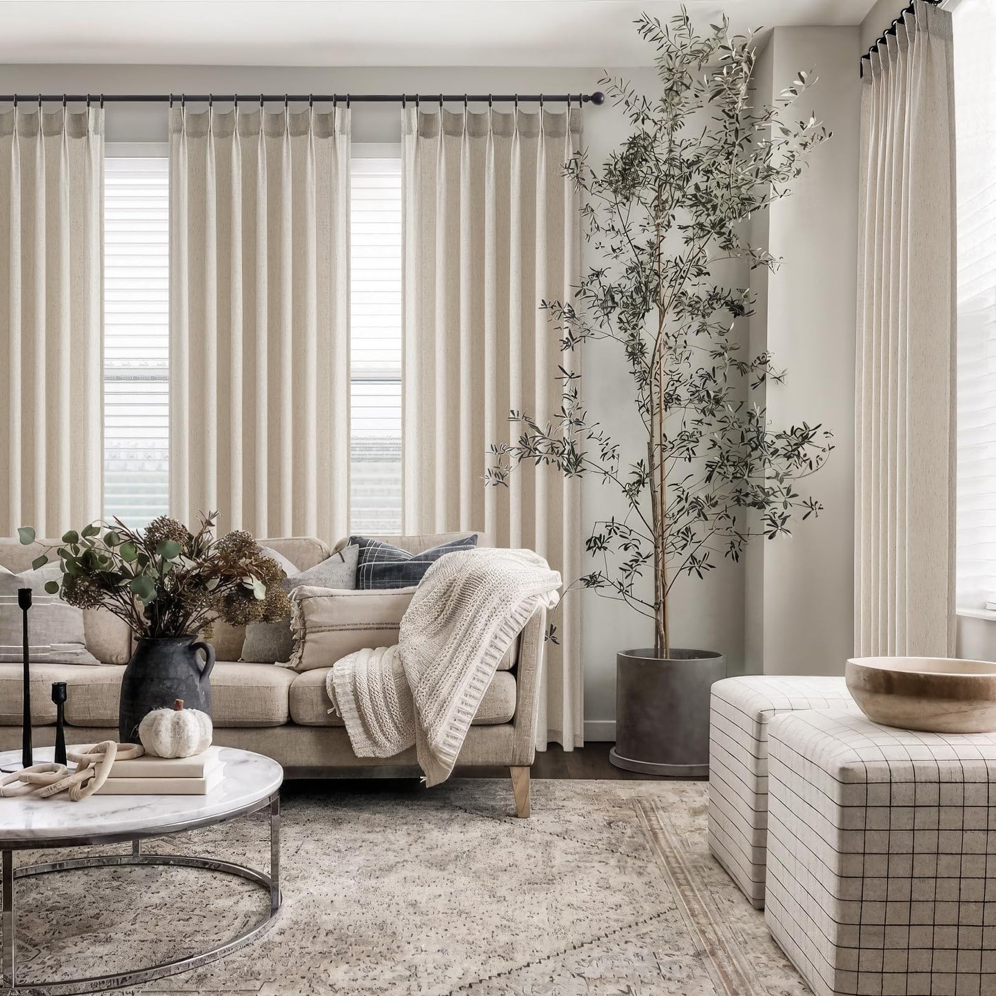 96 Inches Long Pleated Sheer Curtains,Oatmeal Linen Blended Light Filtering Window Curtains 96 Length 2 Panels for Living Room Bedroom Pinch Pleat Drapes with Hooks 2 Panels 40" Wx96 L,Light Camel