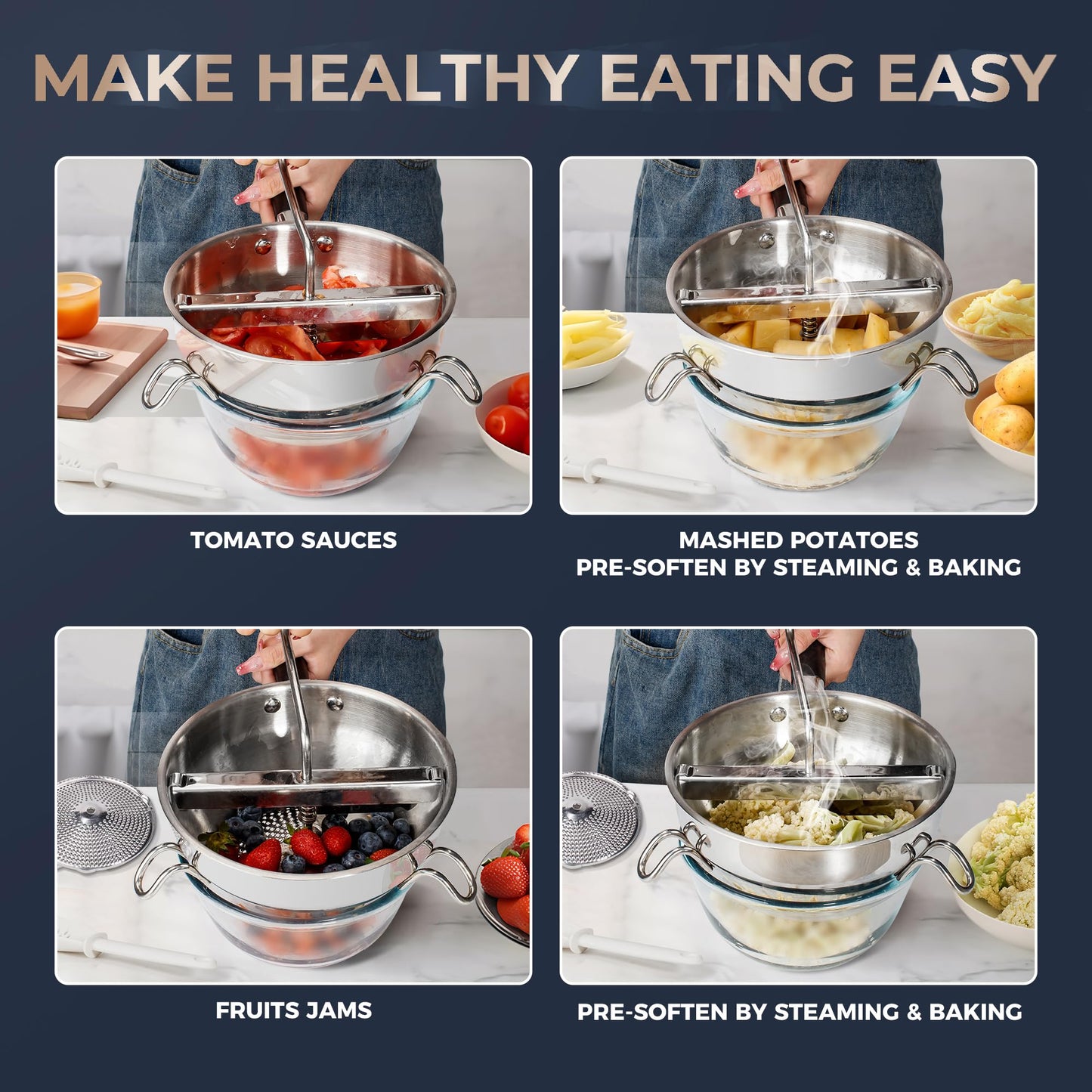 Stainless Steel Food Mills With 3 Milling Discs,Ergonomic design Of Rotary Food Mills For Tomato Sauce,Potatoes,Jams with Silicone Handle Dishwasher Safe, Multifunctional Spoon,Orange
