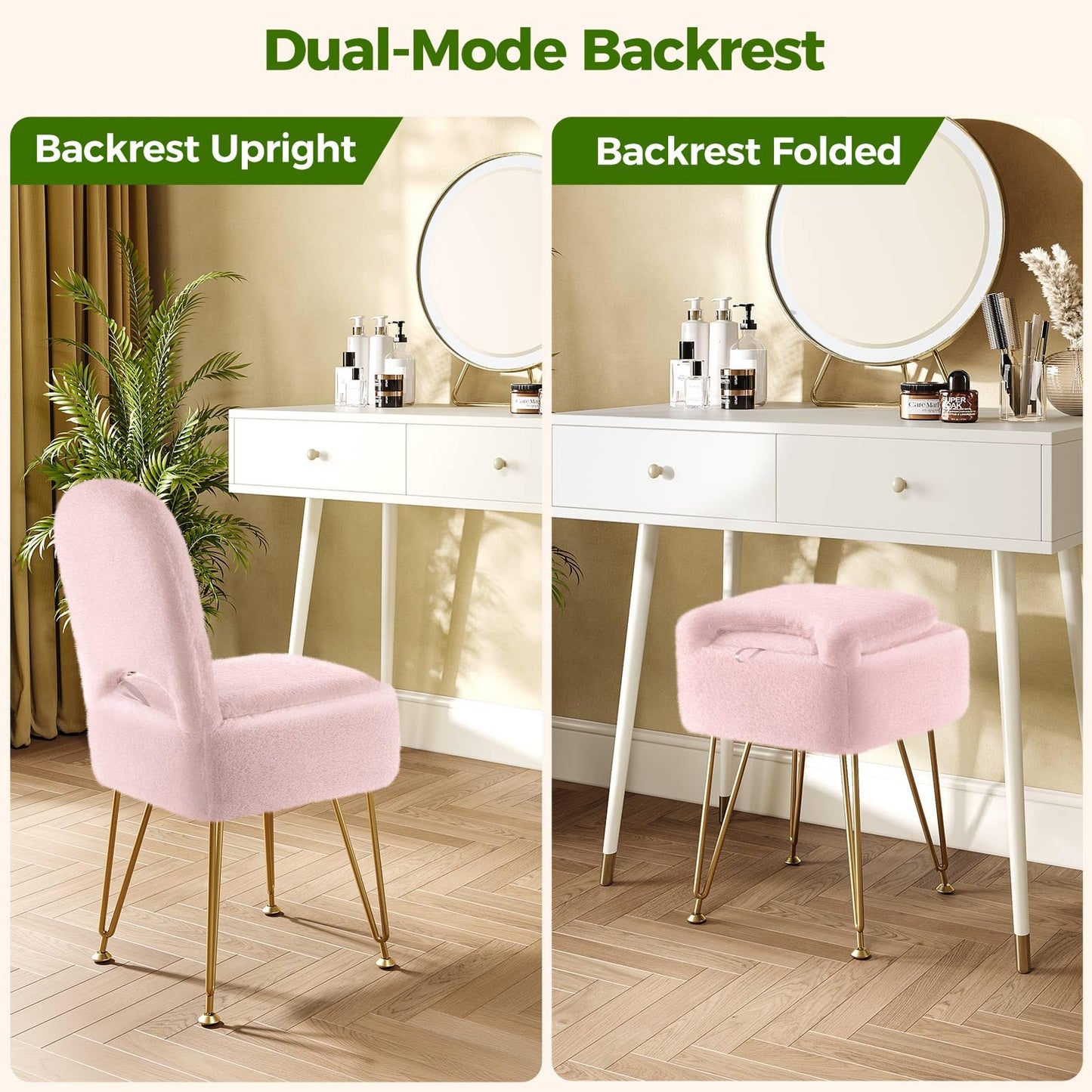 GREENSTELL Vanity Stool Chair with Storage and Folding Back, 13.4" x 15" x 30" Square Faux Fur Soft Ottoman, 4 Metal Legs with Anti-Slip Feet, Furry Padded Seat for Makeup, Bedroom, Pink