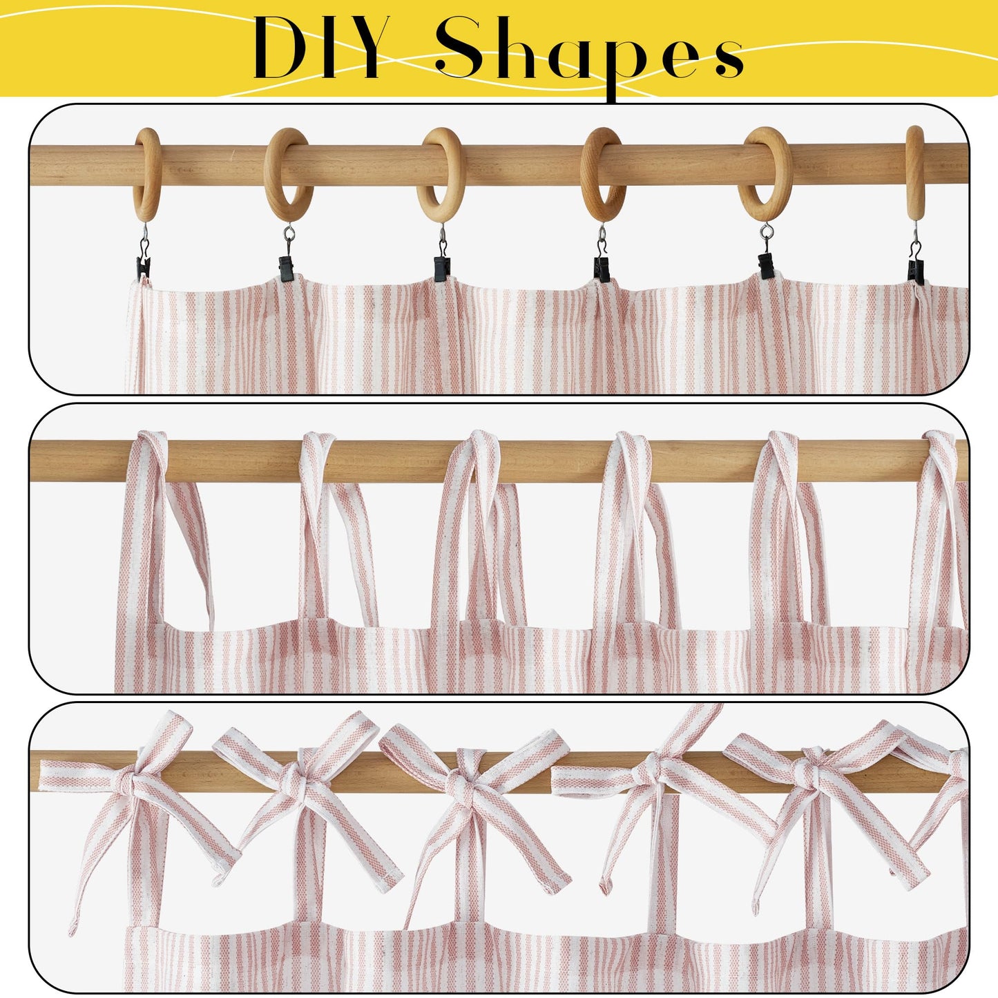 NICETOWN Pink Linen Curtains for Girls Room, Tie Top Stripe Pattern Light Filtering Semi Sheer Window Treatments DIY Crafted Privacy for Bedroom, W52 x L84, 2 Panels