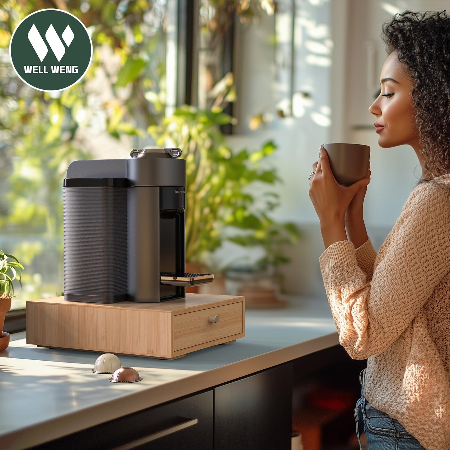WELL WENG for Nespresso Vertuo Capsules (NV136) - Premium Bamboo Coffee Pod Drawer, 36 Big or 48 Small Vertuoline Pods Organizer - 10.8"Wx14"Dx3.9"H (Natural)